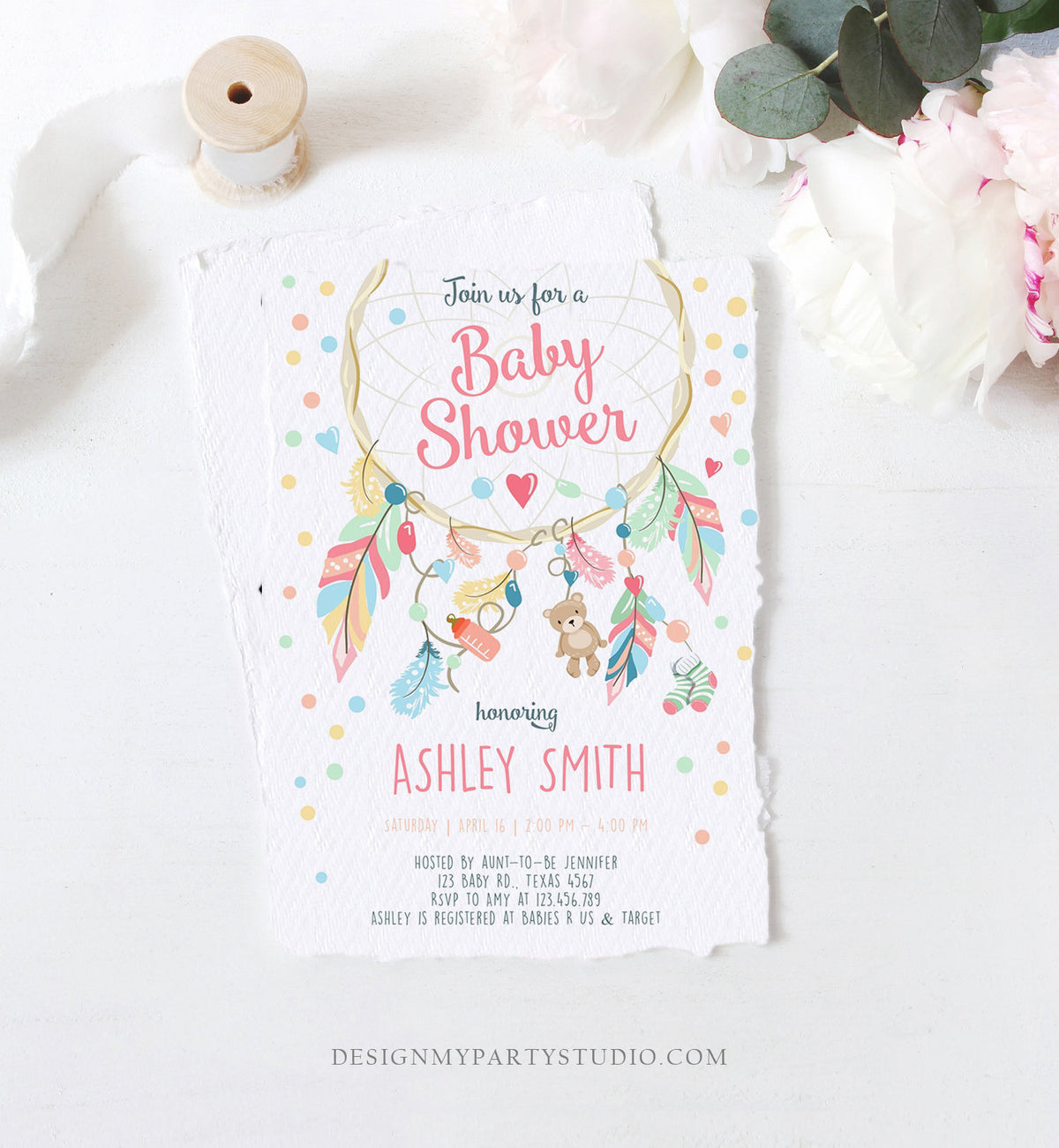 Editable Dreamcatcher Baby Shower Invitation Dream Catcher Feathers Tribal Boho Girl Pink Neutral Download Corjl Template Printable 0062