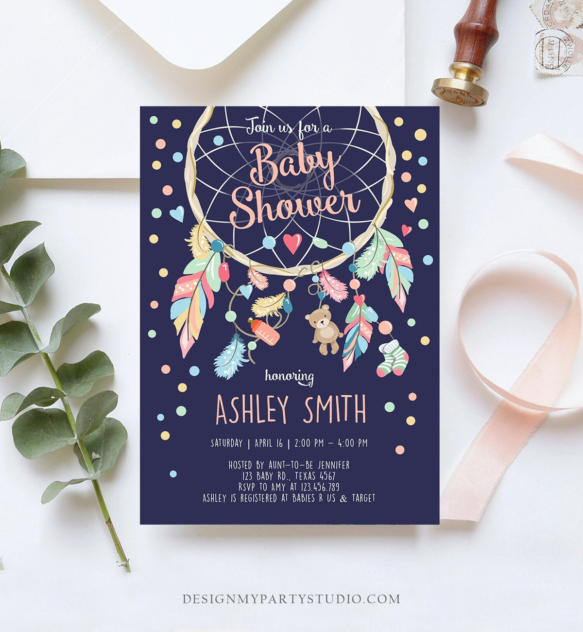 Editable Dreamcatcher Baby Shower Invitation Dream Catcher Feathers Tribal Boho Girl Pink Neutral Download Corjl Template Printable 0062