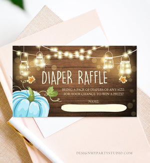 Editable Little Pumpkin Diaper Raffle Ticket Baby Shower Insert Card Boy Blue Wood Lights Autumn Rustic Corjl Template Printable 0015