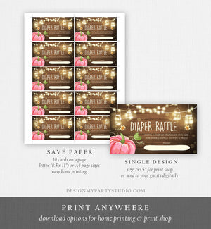 Editable Little Pumpkin Diaper Raffle Ticket Baby Shower Insert Card Girl Pink Wood Lights Autumn Rustic Corjl Template Printable 0015