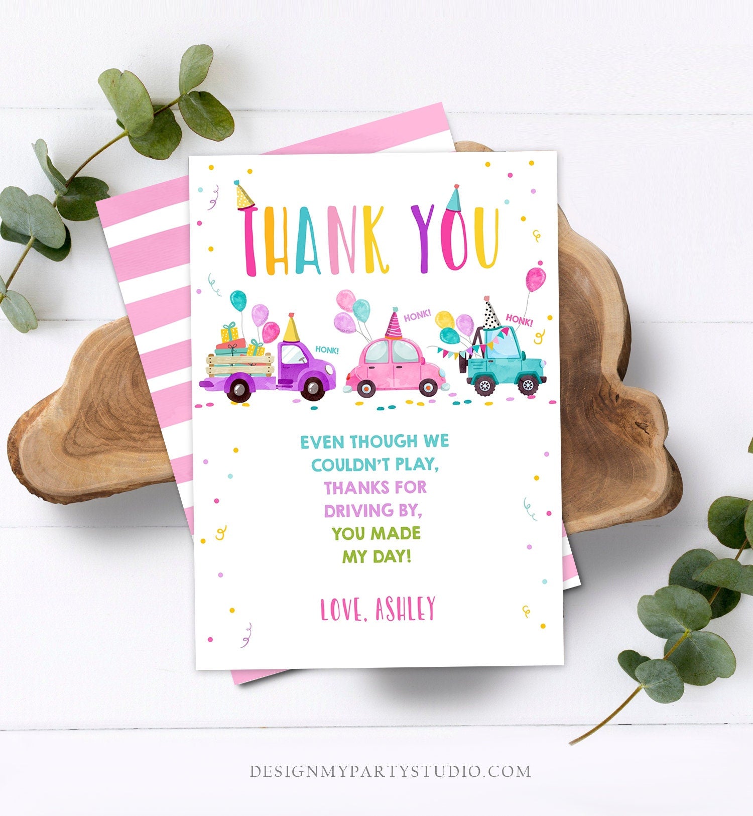 Editable Drive By Birthday Parade Thank You Card Virtual Party Invite Honk Wave Car Girl Pink Quarantine Instant Download Digital Corjl 0333