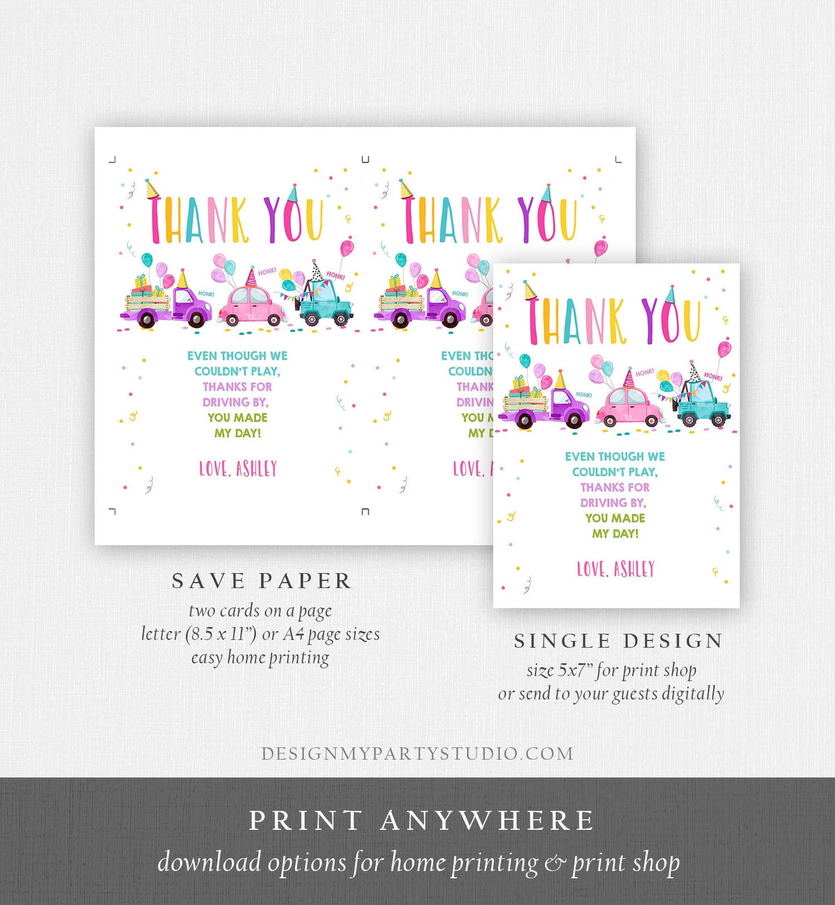 Editable Drive By Birthday Parade Thank You Card Virtual Party Invite Honk Wave Car Girl Pink Quarantine Instant Download Digital Corjl 0333