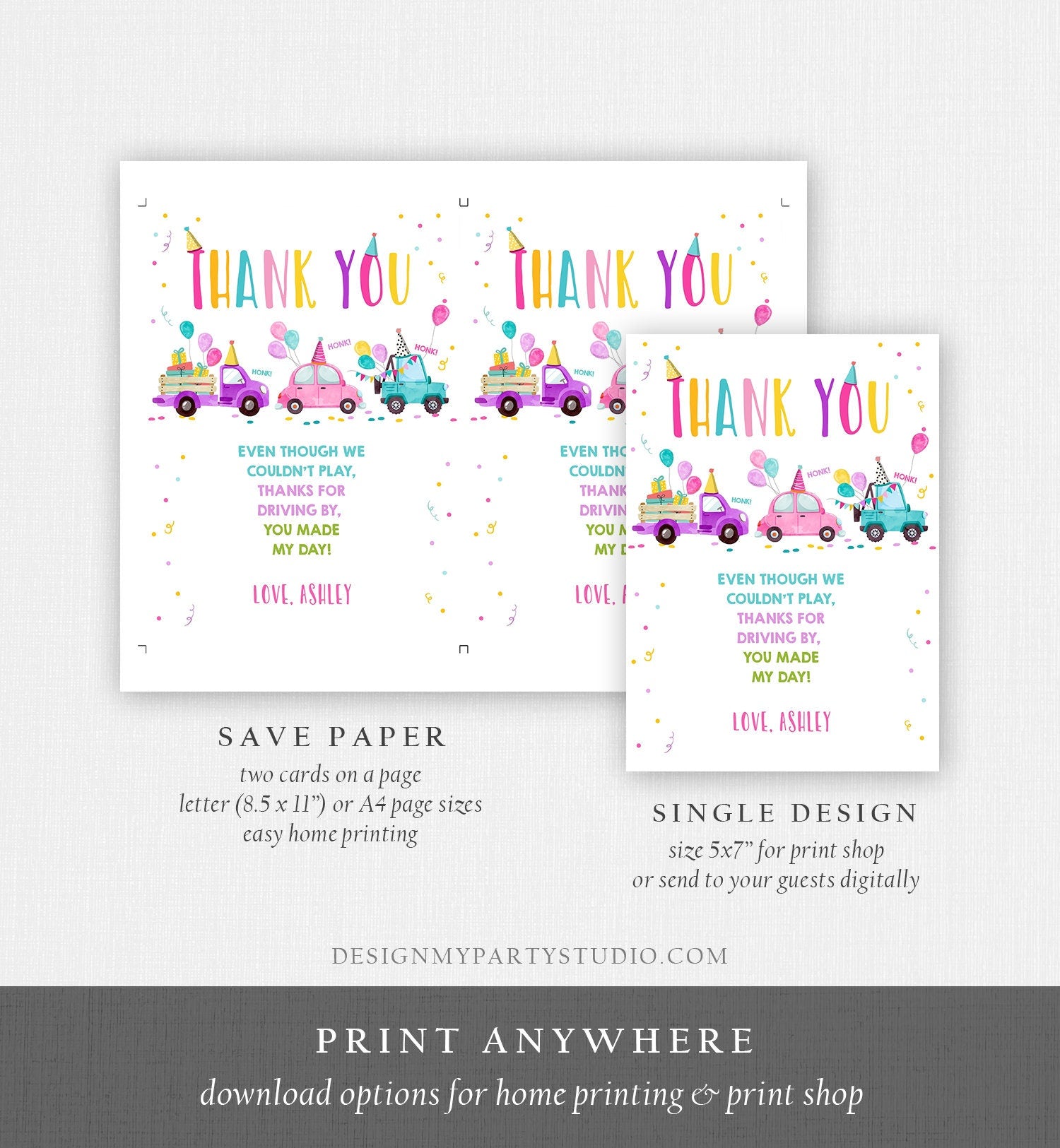 Editable Drive By Birthday Parade Thank You Card Virtual Party Invite Honk Wave Car Girl Pink Quarantine Instant Download Digital Corjl 0333