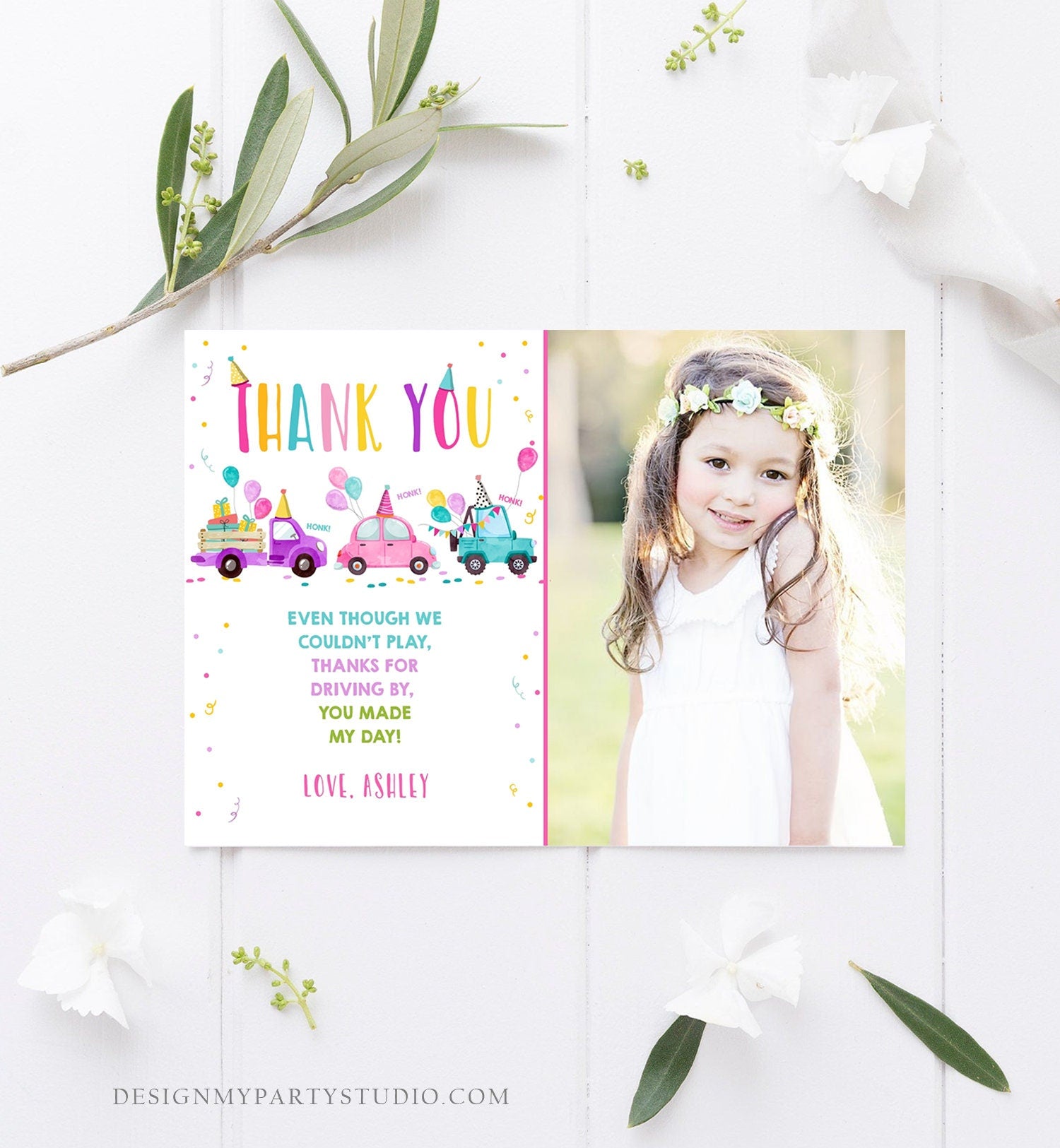 Editable Drive By Birthday Parade Thank You Card Virtual Party Invite Honk Wave Car Girl Pink Quarantine Instant Download Digital Corjl 0333