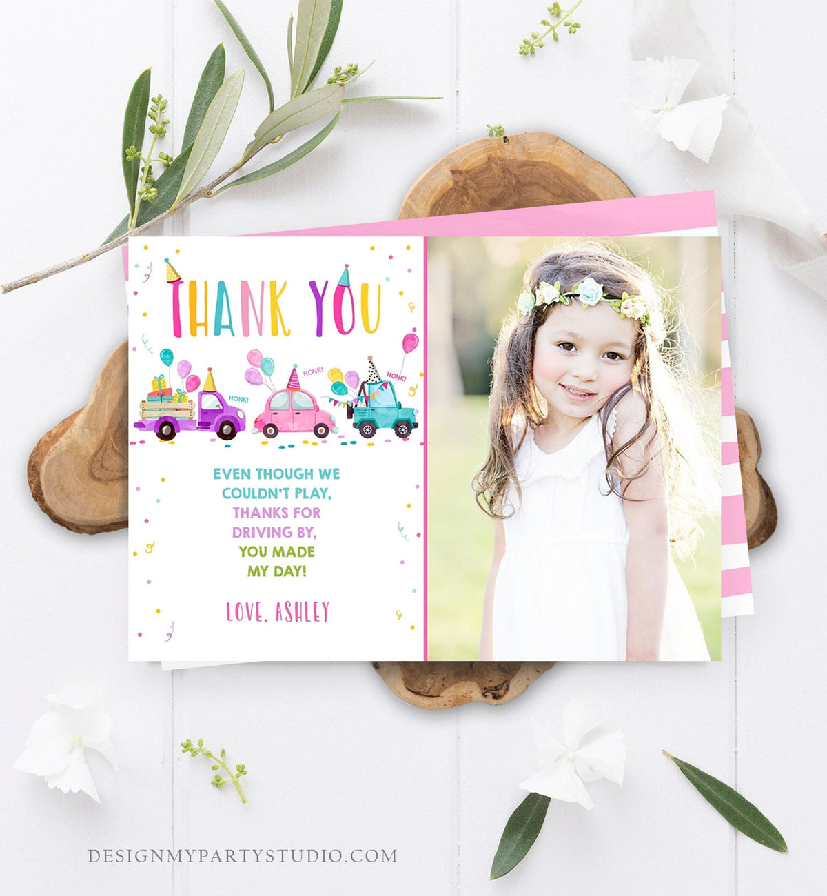 Editable Drive By Birthday Parade Thank You Card Virtual Party Invite Honk Wave Car Girl Pink Quarantine Instant Download Digital Corjl 0333
