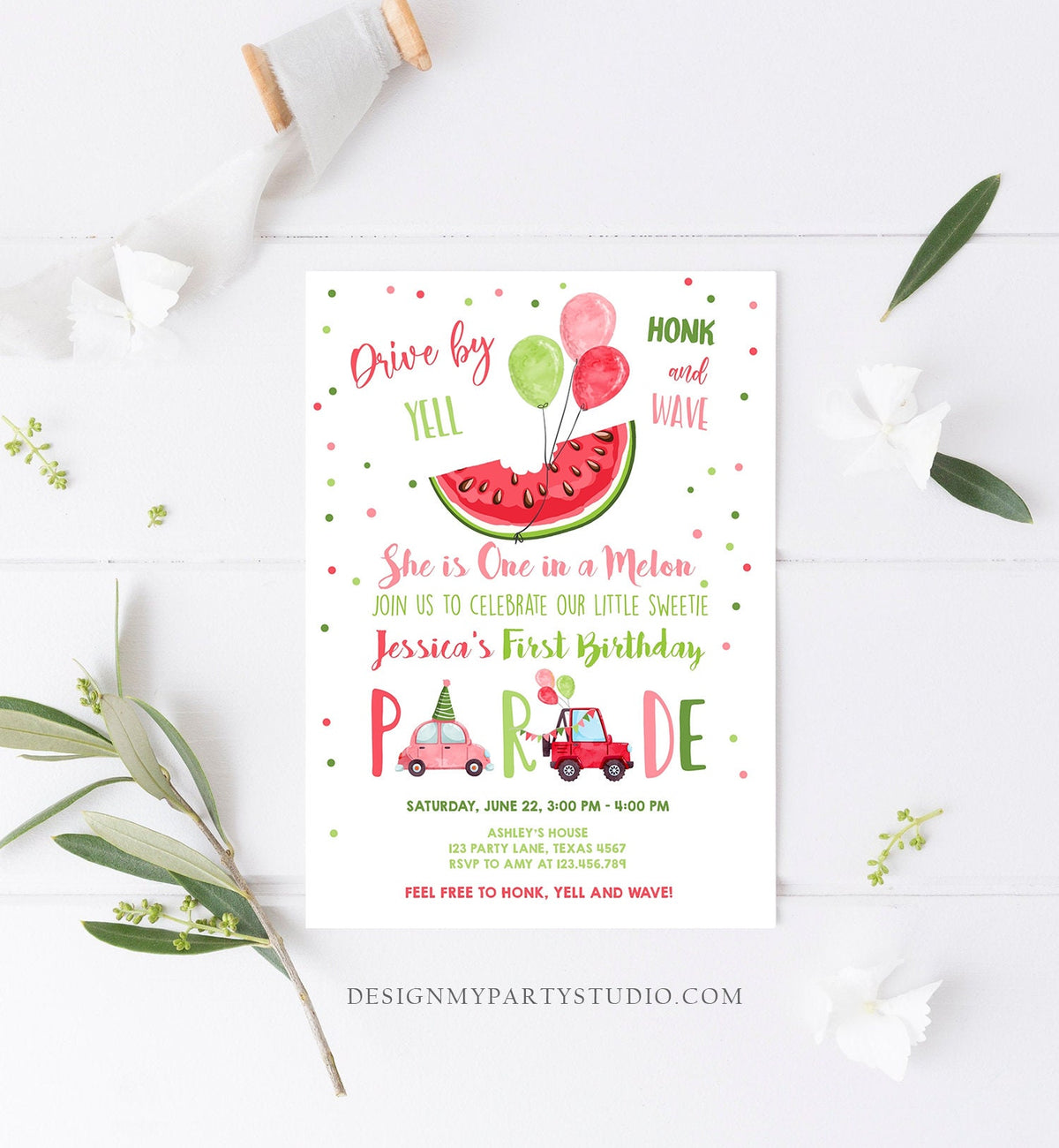 Editable One in a Melon Drive By First Birthday Parade Invitation Virtual Party Invite Honk Wave Girl Quarantine Download Digital Corjl 0120
