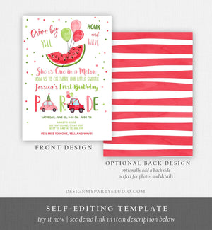 Editable One in a Melon Drive By First Birthday Parade Invitation Virtual Party Invite Honk Wave Girl Quarantine Download Digital Corjl 0120