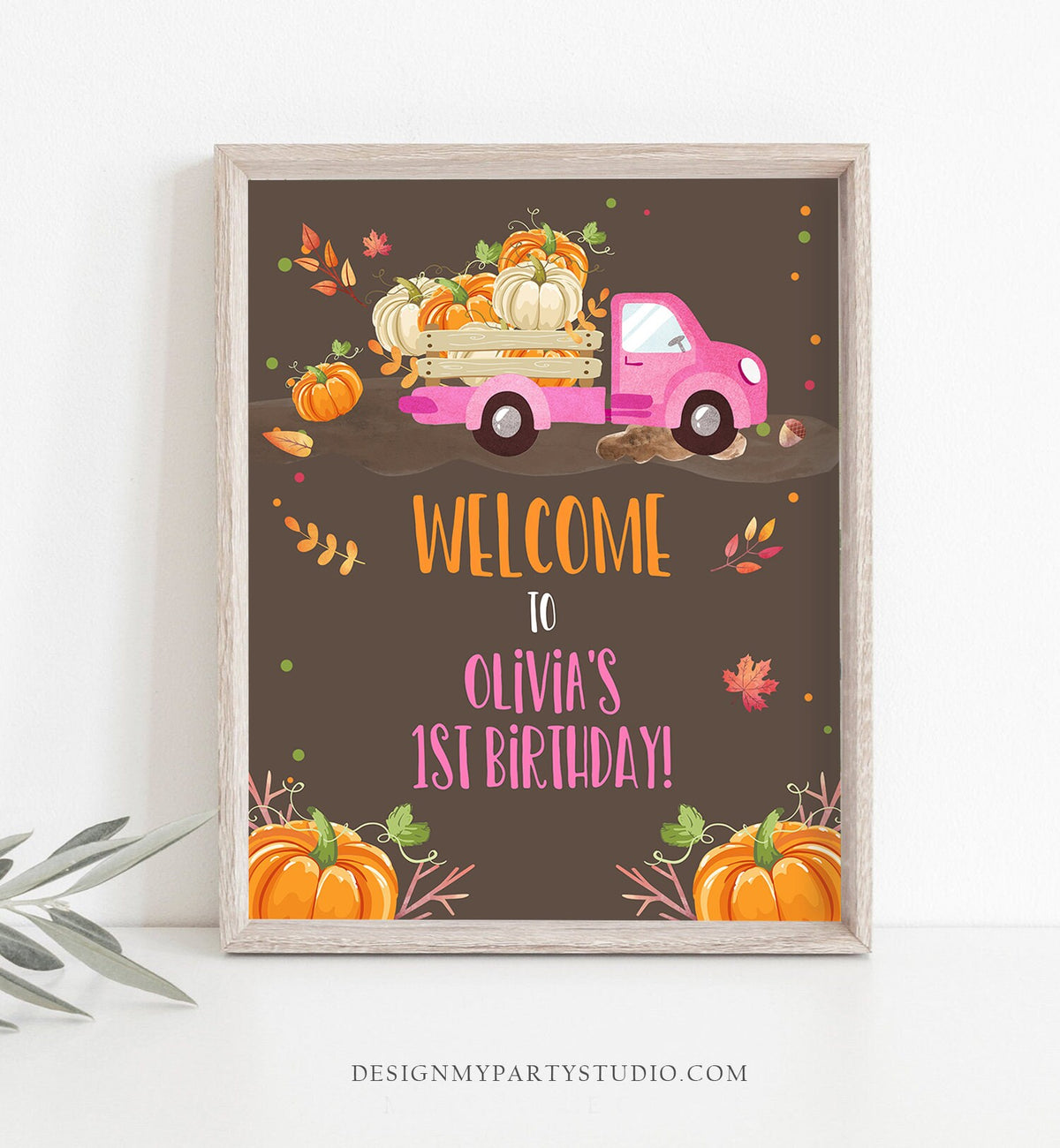 Editable Pumpkin Welcome Sign Pumpkin Truck Birthday Fall Baby Shower Fall Welcome First Birthday Girl Pink Template Corjl PRINTABLE 0153