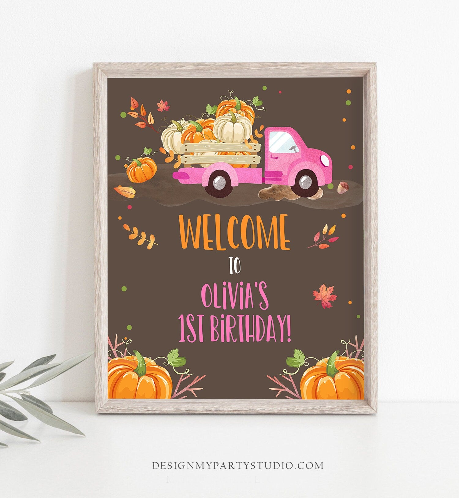 Editable Pumpkin Welcome Sign Pumpkin Truck Birthday Fall Baby Shower Fall Welcome First Birthday Girl Pink Template Corjl PRINTABLE 0153