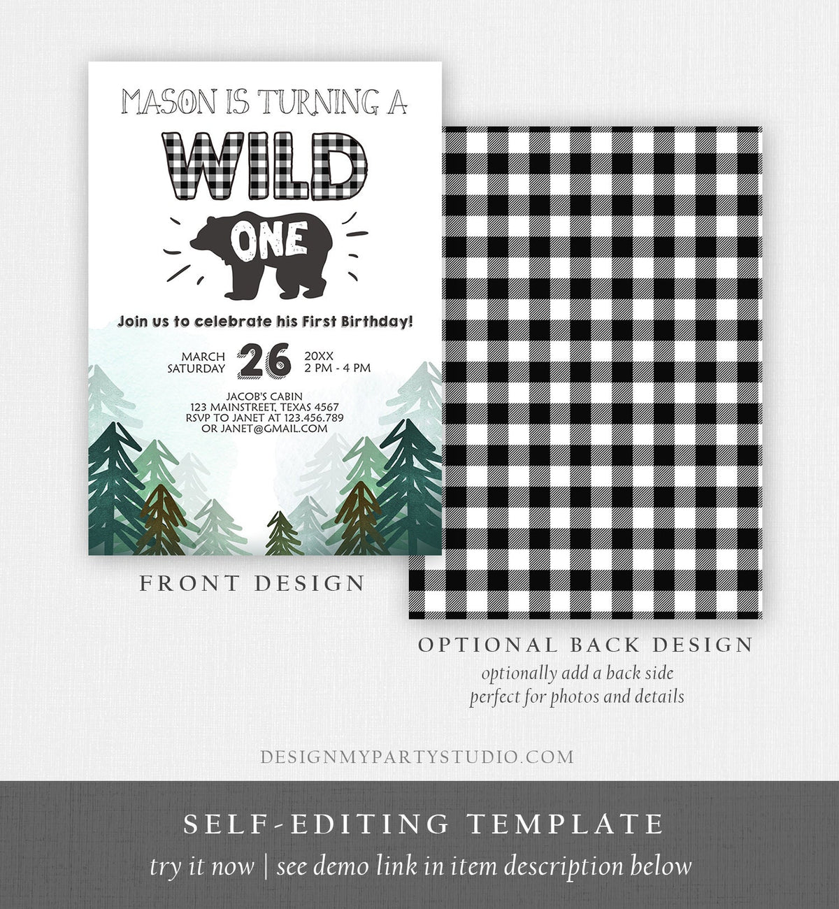 Editable Lumberjack Wild One Birthday Invitation First Birthday Forest Trees Red Plaid Outdoor Bear Boy 1st Printable Corjl Template 0377