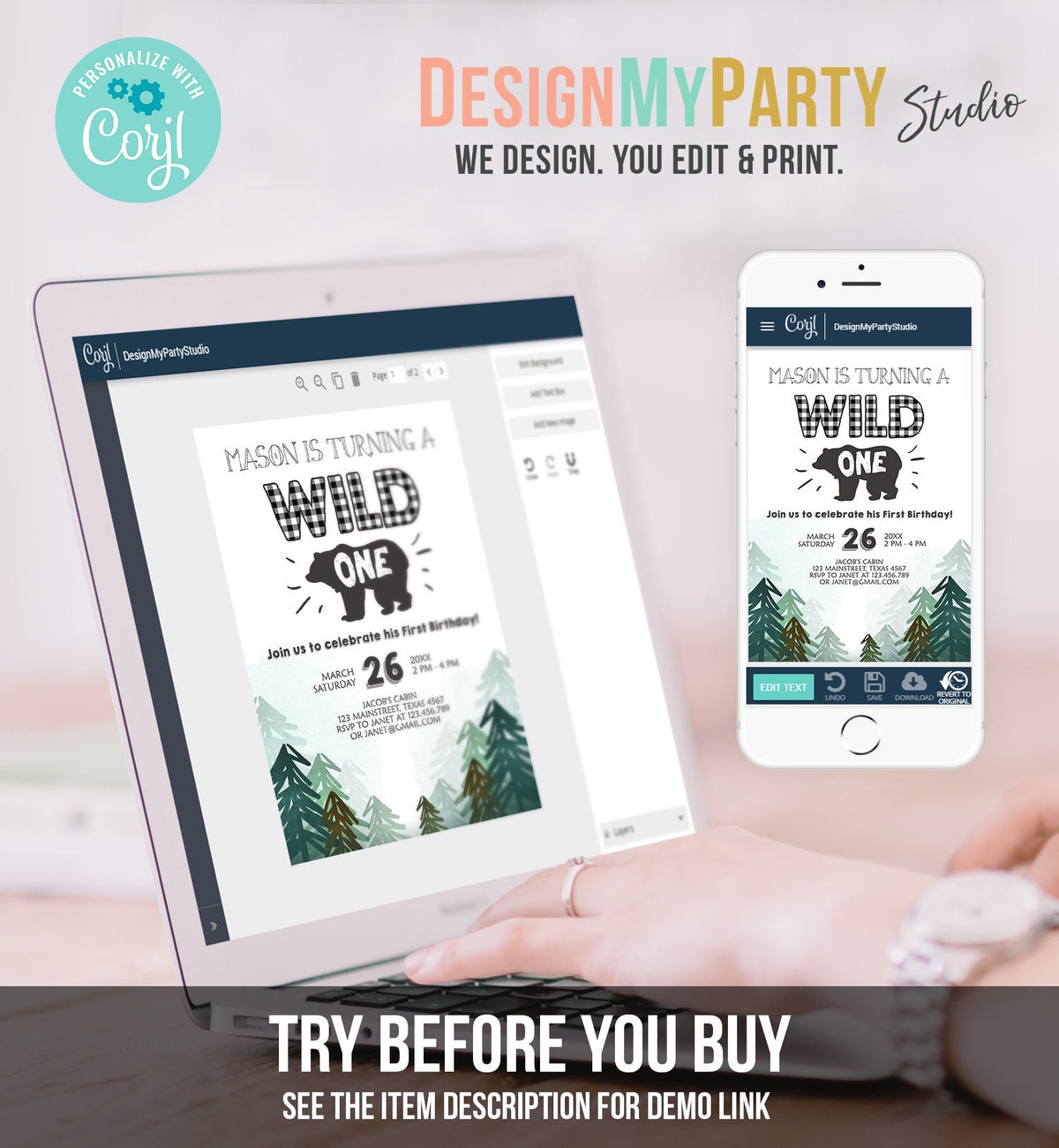 Editable Lumberjack Wild One Birthday Invitation First Birthday Forest Trees Red Plaid Outdoor Bear Boy 1st Printable Corjl Template 0377