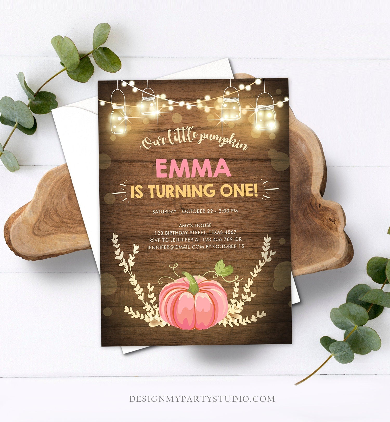 Editable Little Pumpkin Birthday Invitation Pink Pumpkin Patch Autumn Fall Rustic Girl 1st First Birthday Corjl Invitation Printable 0015
