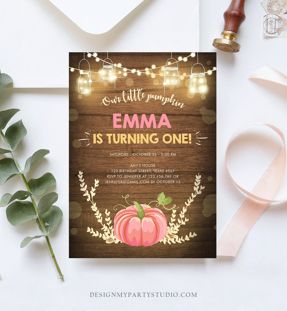 Editable Little Pumpkin Birthday Invitation Pink Pumpkin Patch Autumn Fall Rustic Girl 1st First Birthday Corjl Invitation Printable 0015