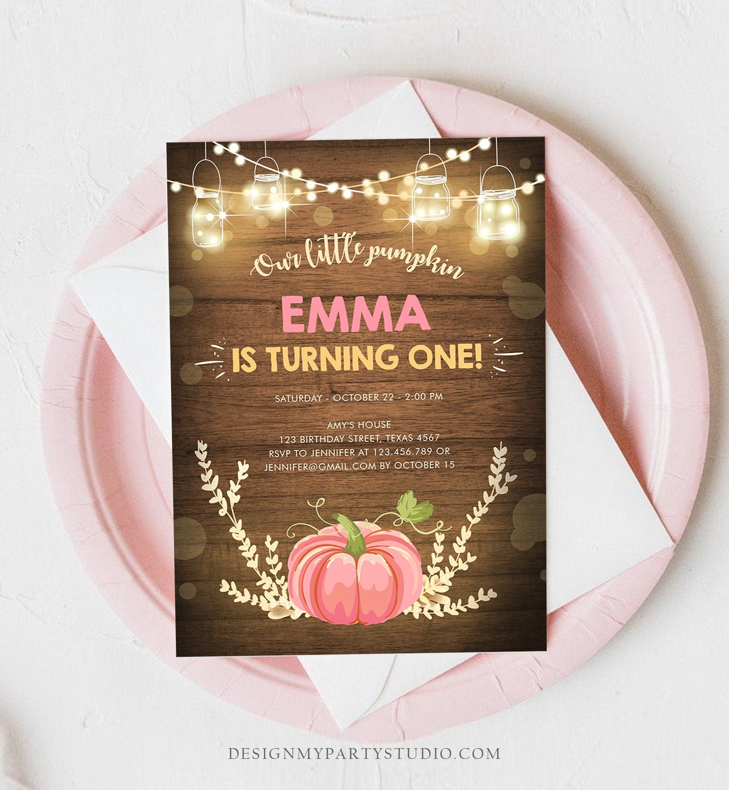 Editable Little Pumpkin Birthday Invitation Pink Pumpkin Patch Autumn Fall Rustic Girl 1st First Birthday Corjl Invitation Printable 0015