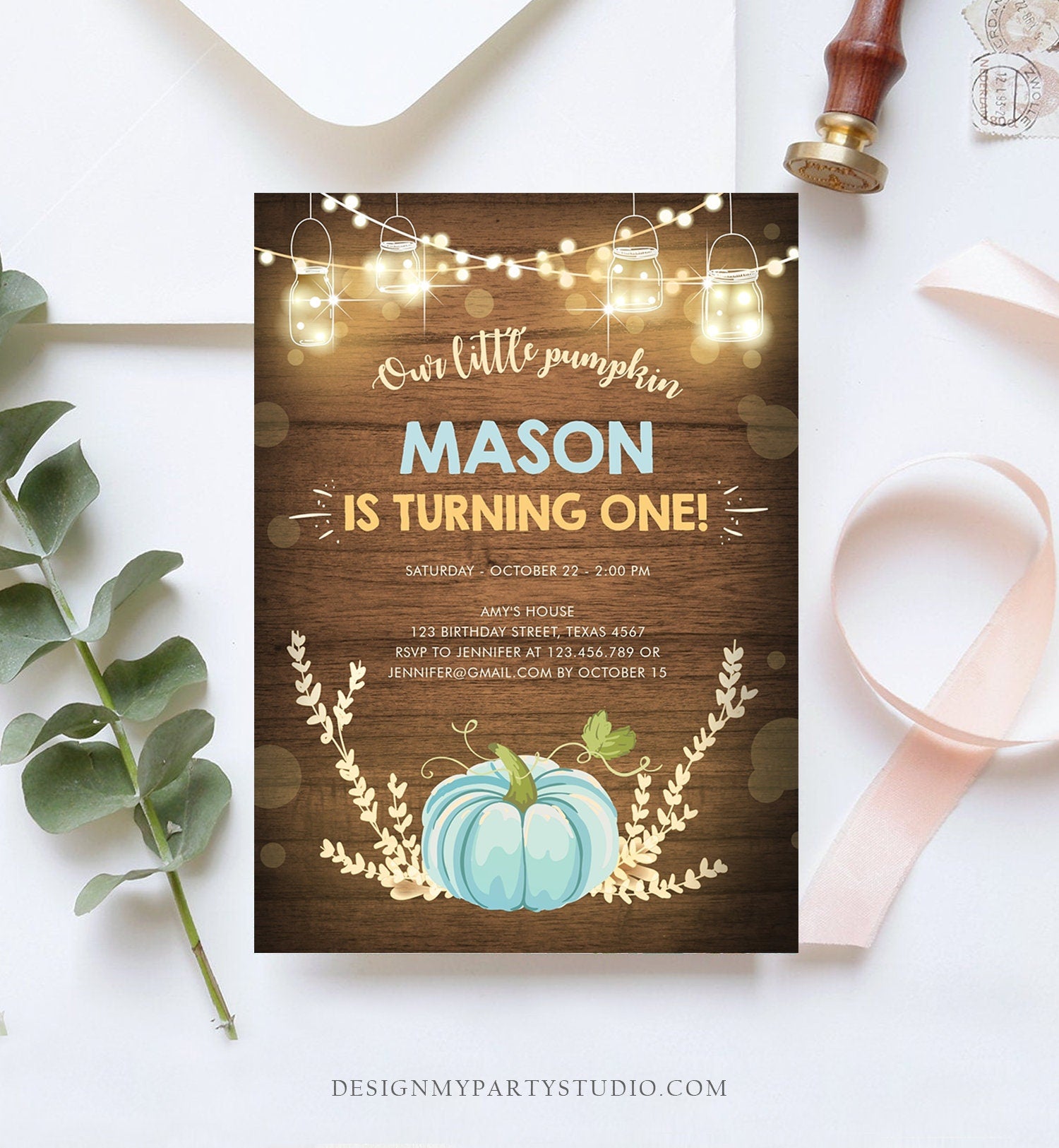 Editable Little Pumpkin Birthday Invitation Blue Pumpkin Patch Autumn Fall Rustic Boy 1st First Birthday Corjl Invitation Printable 0015