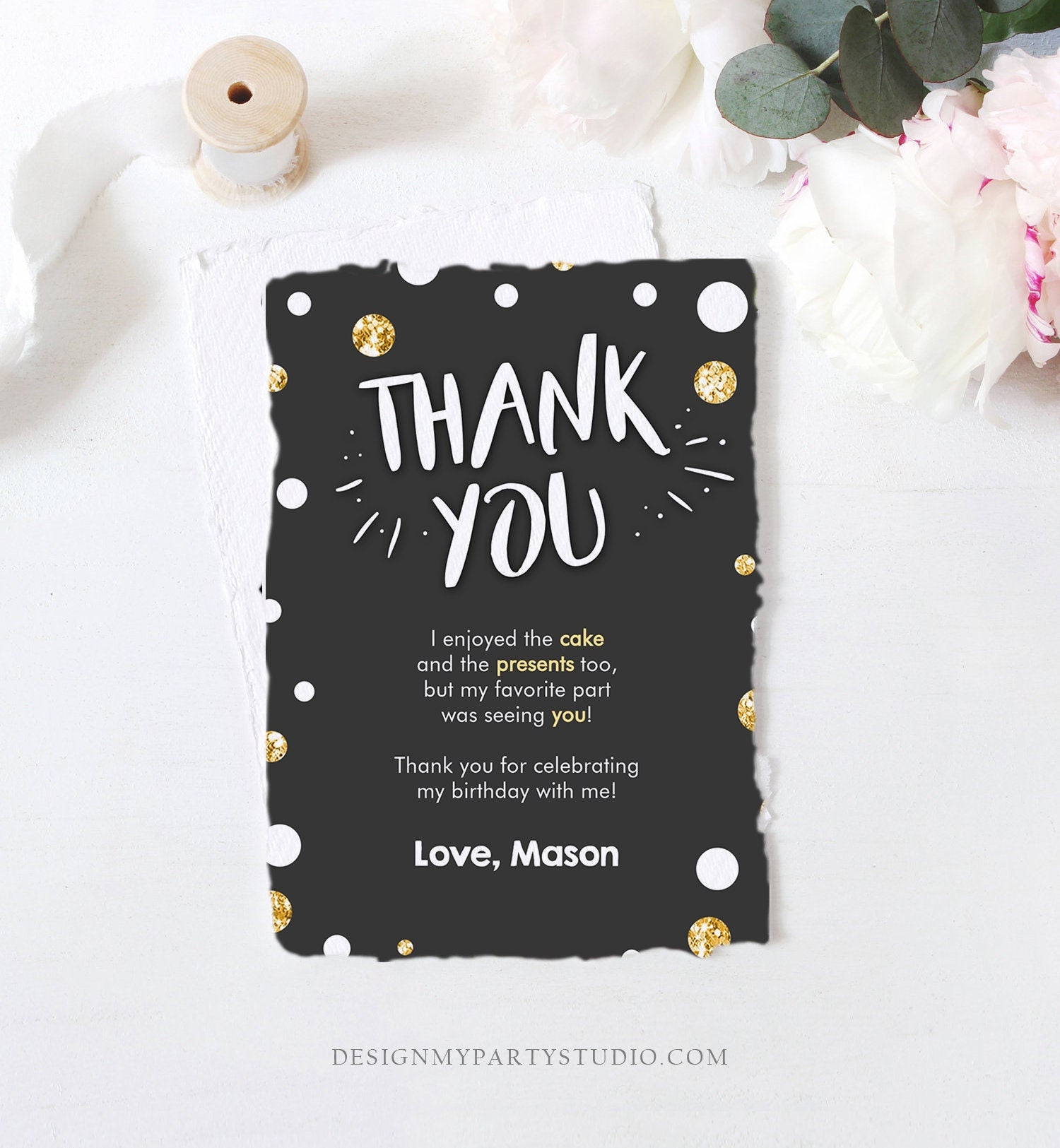 Editable Mr Onederful Thank You Card Black and Gold Boy Birthday Bow Tie Confetti 1st Birthday Printable Template Digital Corjl 0072