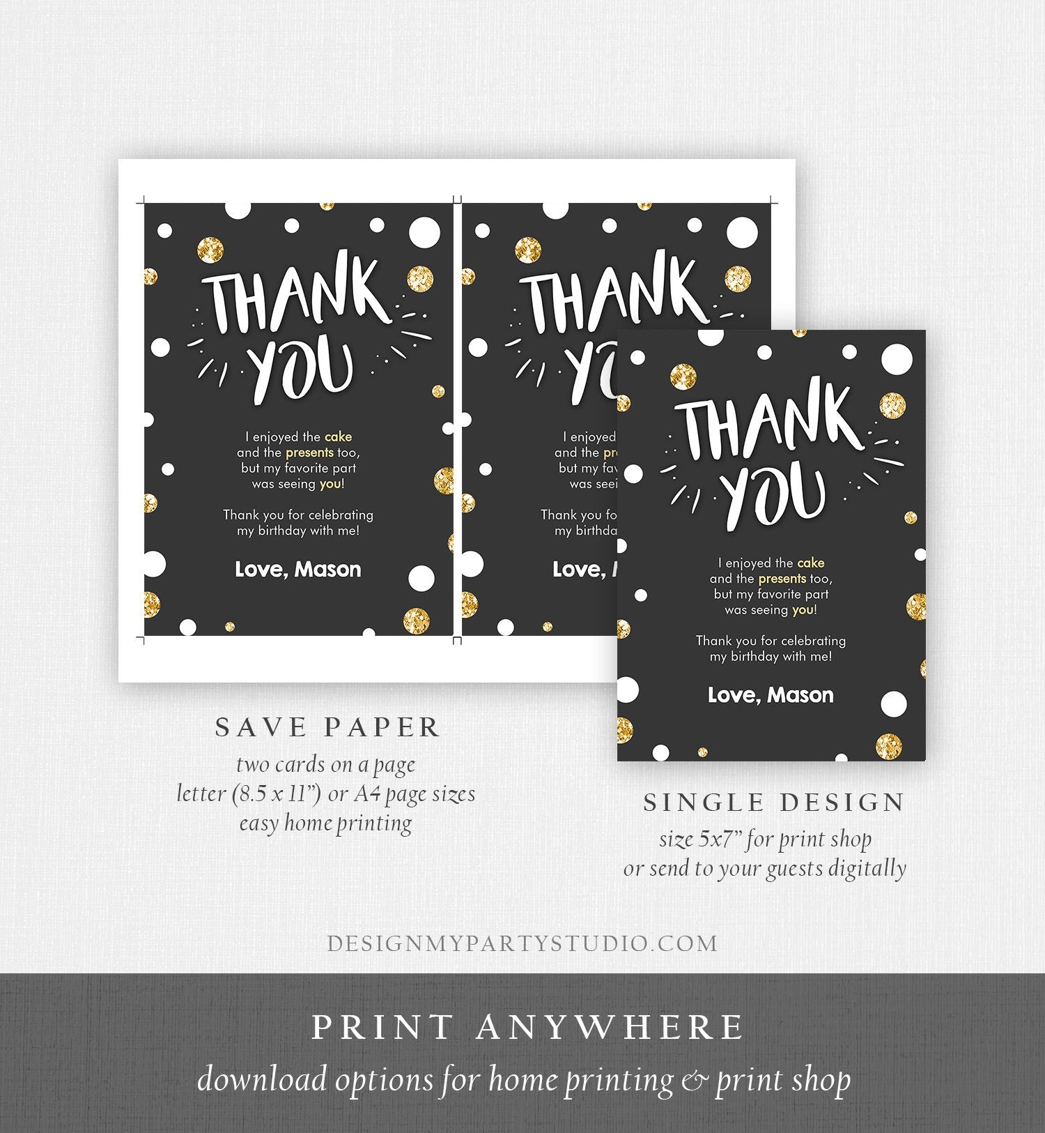 Editable Mr Onederful Thank You Card Black and Gold Boy Birthday Bow Tie Confetti 1st Birthday Printable Template Digital Corjl 0072