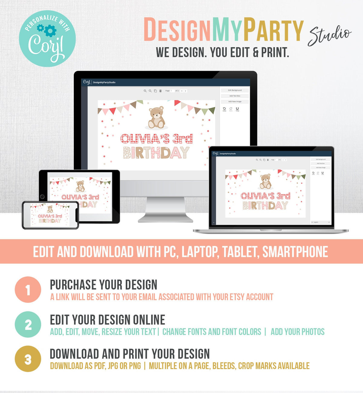 Editable Teddy Bear Birthday Backdrop Banner Teddy Bear Picnic Birthday First Birthday Welcome Girl Pink Corjl Template Printable 0100