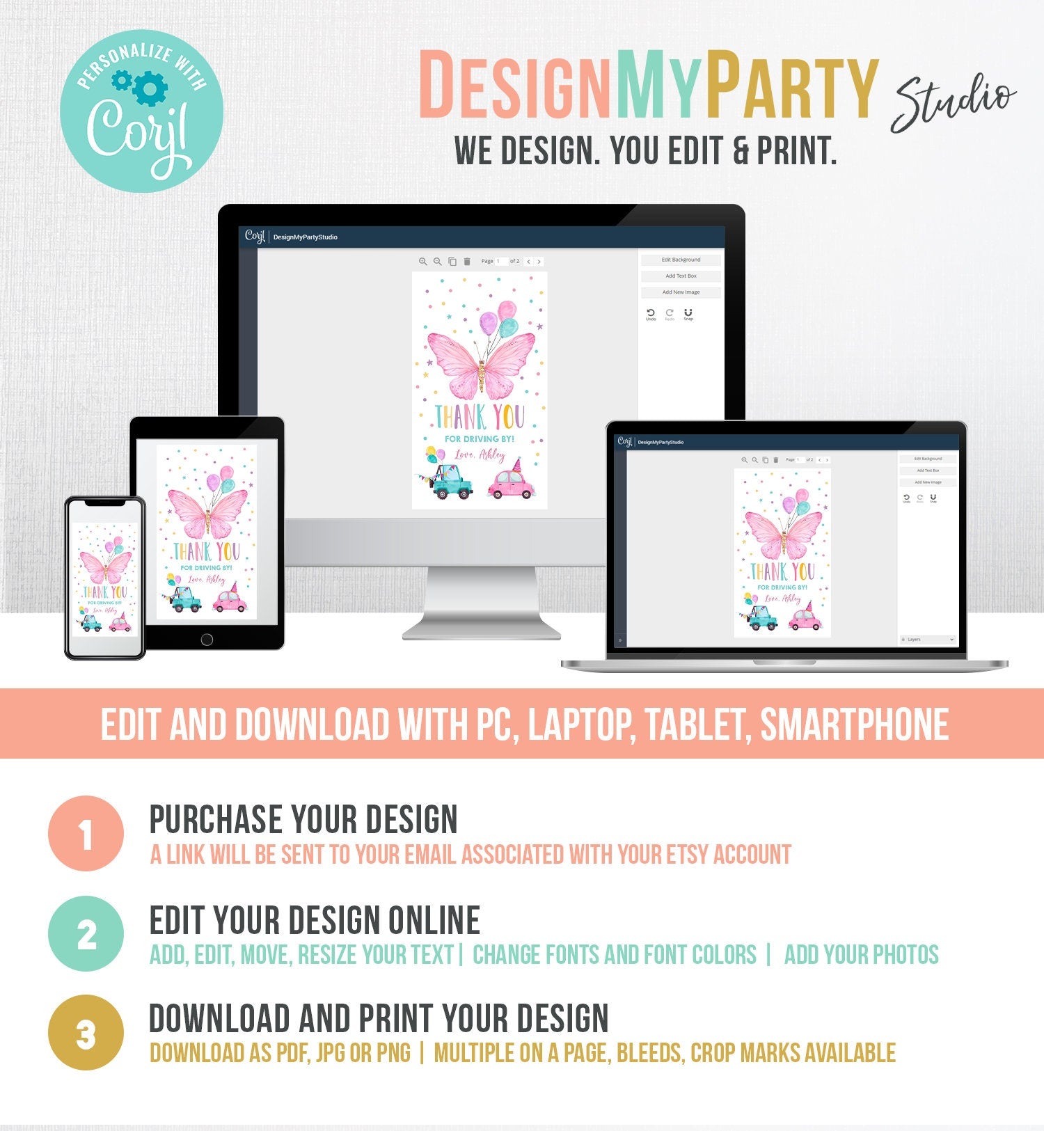 Editable Butterfly Favor Tag Drive By Birthday Favors Party Parade Cars Balloons Thank You Gift Tags Pink Girl Corjl Template Printable 0162