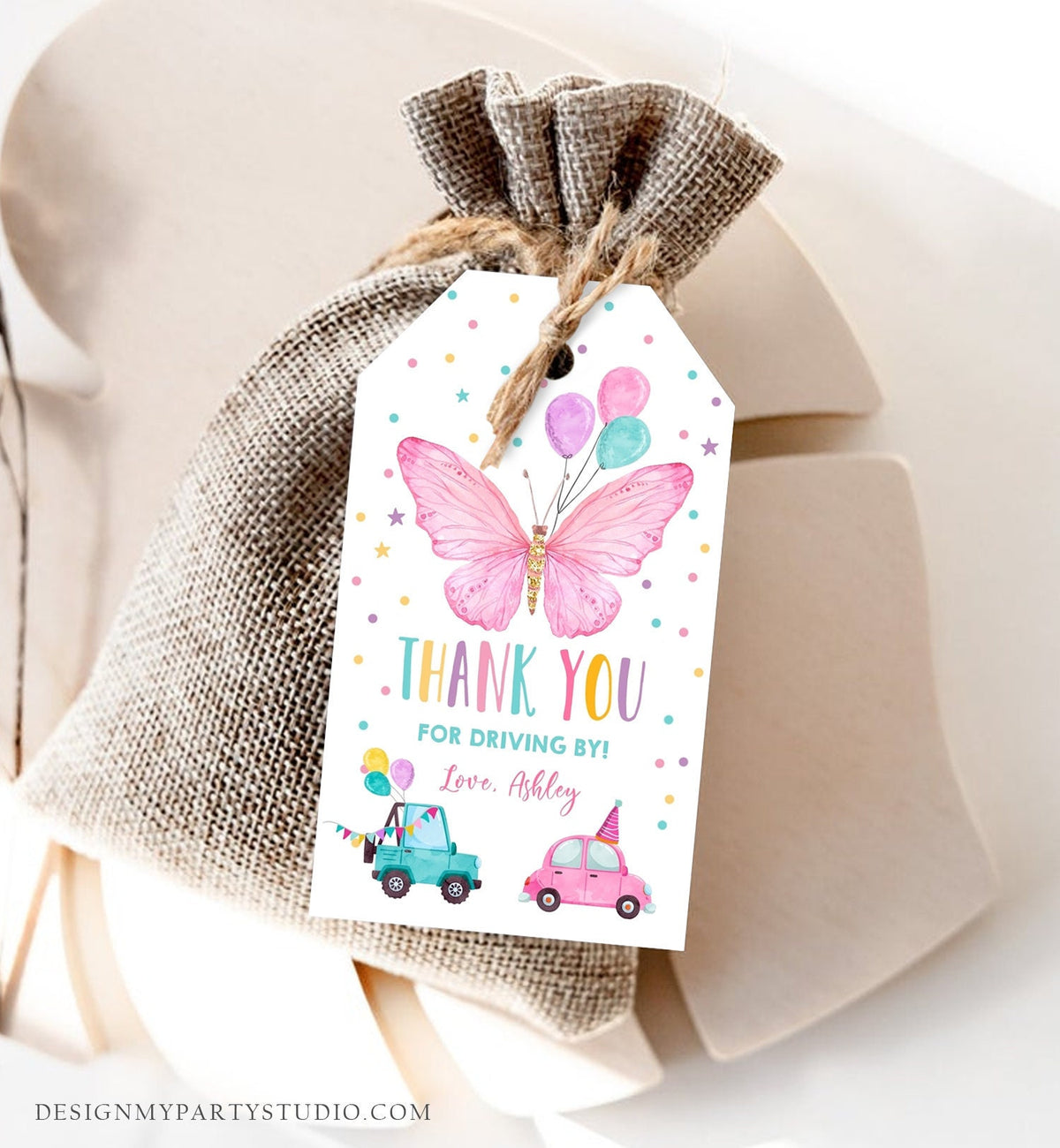 Editable Butterfly Favor Tag Drive By Birthday Favors Party Parade Cars Balloons Thank You Gift Tags Pink Girl Corjl Template Printable 0162