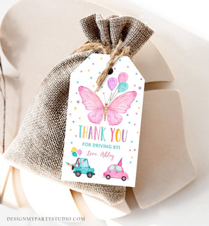 Editable Butterfly Favor Tag Drive By Birthday Favors Party Parade Cars Balloons Thank You Gift Tags Pink Girl Corjl Template Printable 0162