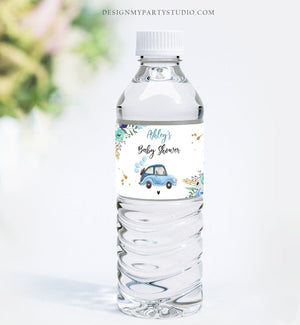 Editable Water Bottle Labels Drive By Baby Shower Decor Boy Blue Gold Floral Flowers Quarantine Printable Bottle Label Template Corjl 0335