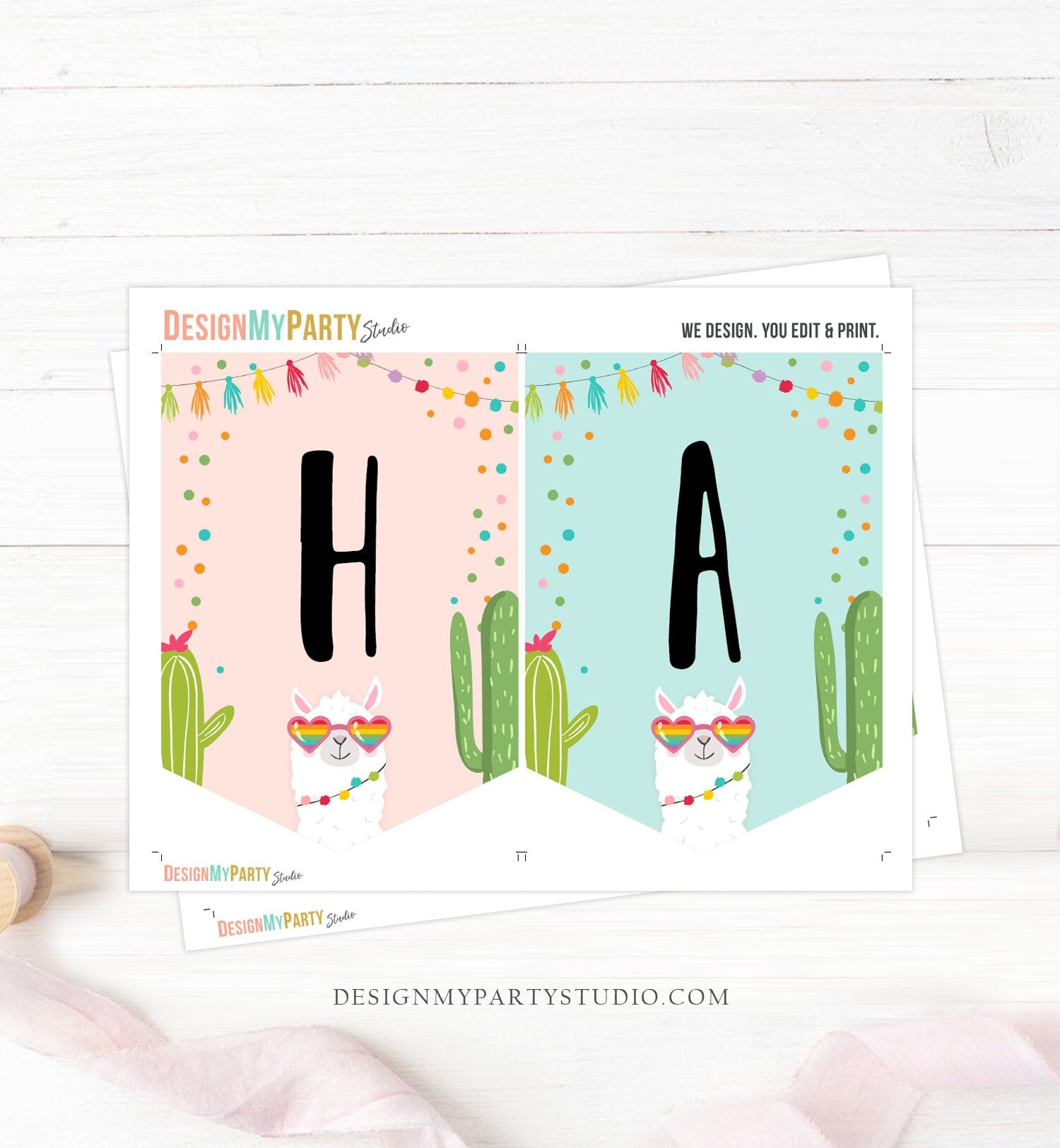 Happy Birthday Banner Llama Birthday Banner Fiesta Birthday Girl Cactu - Design My Party Studio for Free Printable Llama Birthday Card