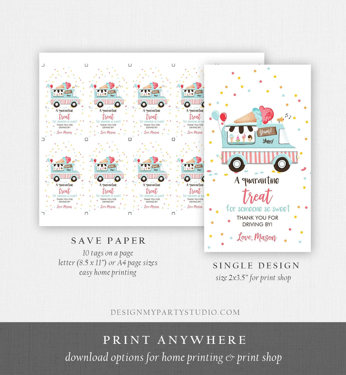 Editable Drive By Favor Tag Drive Through Ice Cream Truck Birthday Thank You Gift Tags Quarantine Ice Cream Parade Neutral Boy Corjl 0243