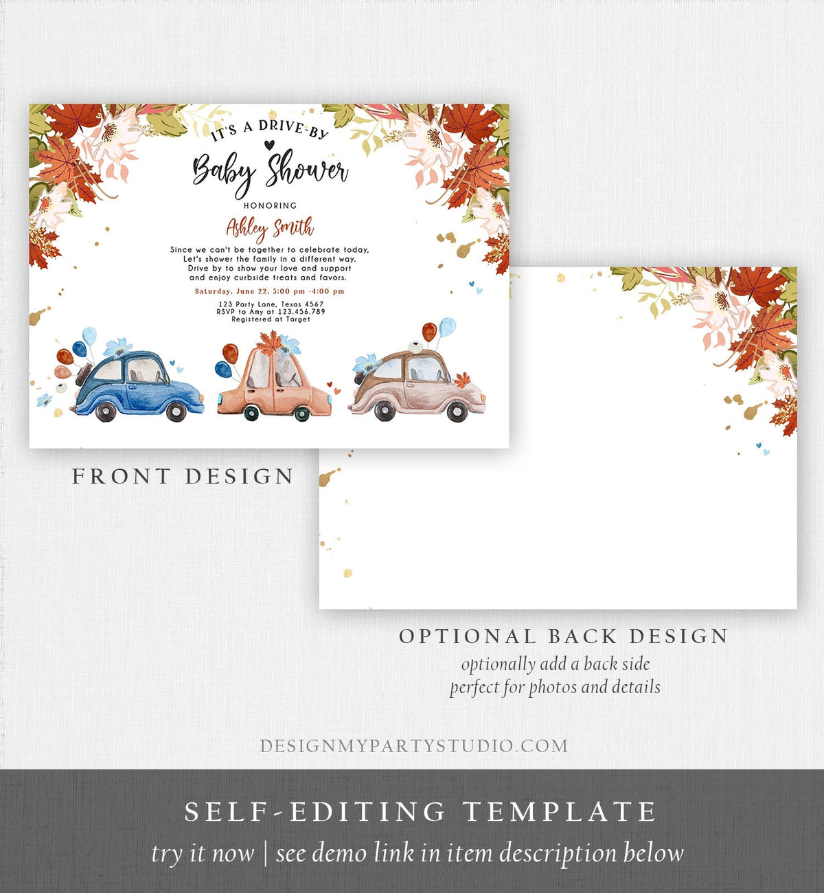 Editable Fall Drive By Baby Shower Invitation Navy Blue Floral Boy Coed Shower Quarantine Drive Through Autumn Template Download Corjl 0335