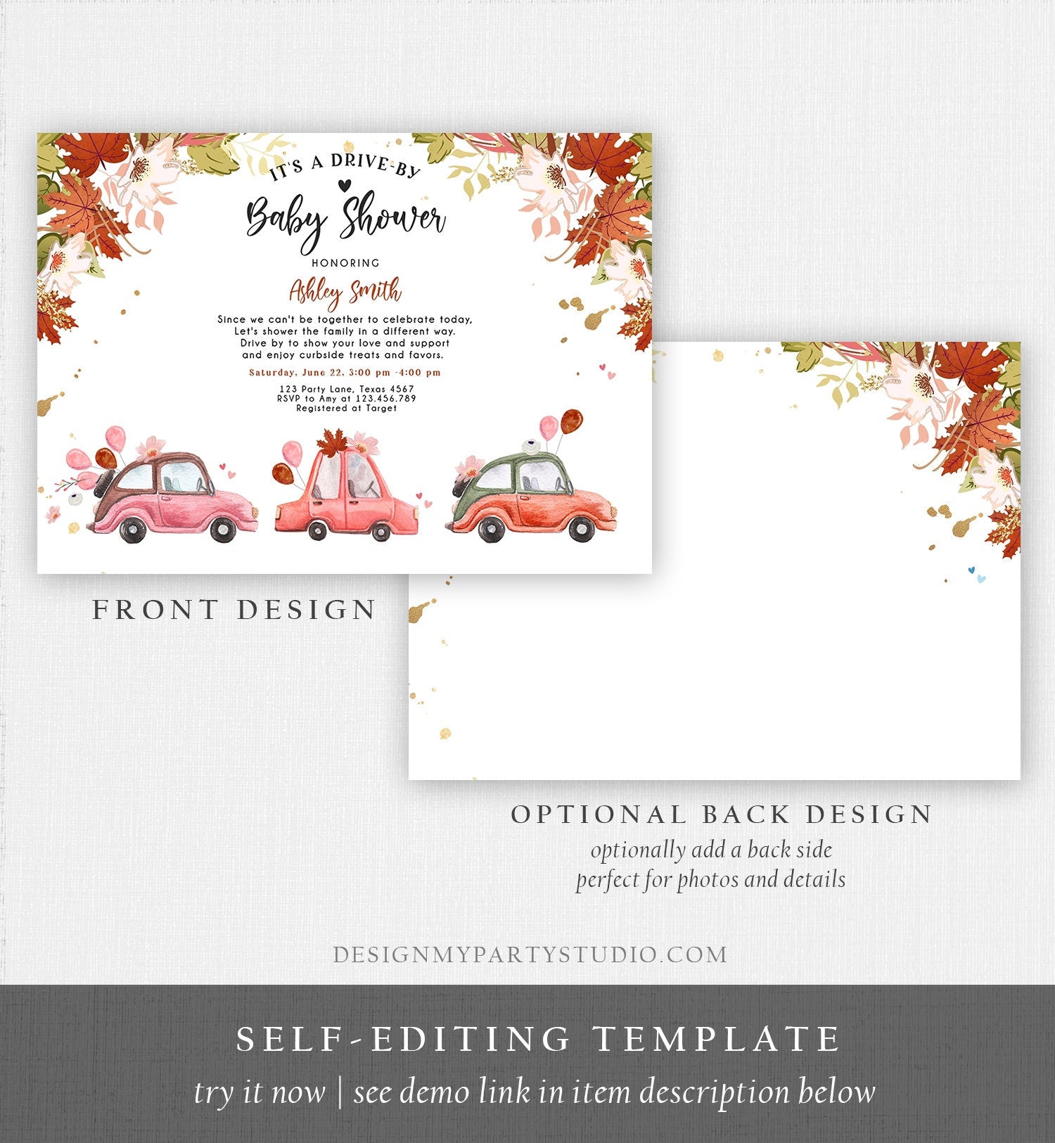 Editable Fall Drive By Baby Shower Invitation Pink Gold Floral Girl Coed Shower Quarantine Drive Through Autumn Template Download Corjl 0335