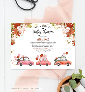 Editable Fall Drive By Baby Shower Invitation Pink Gold Floral Girl Coed Shower Quarantine Drive Through Autumn Template Download Corjl 0335