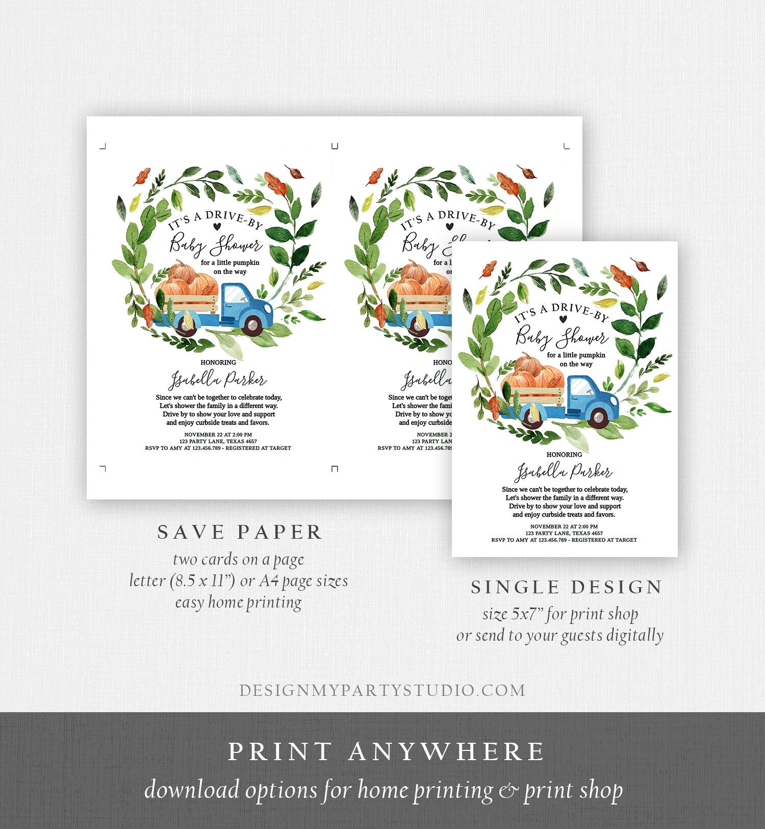 Editable Fall Drive By Baby Shower Invitation Blue Pumpkin Truck Boy Coed Shower Quarantine Drive Through Fall Autumn Template Corjl 0154
