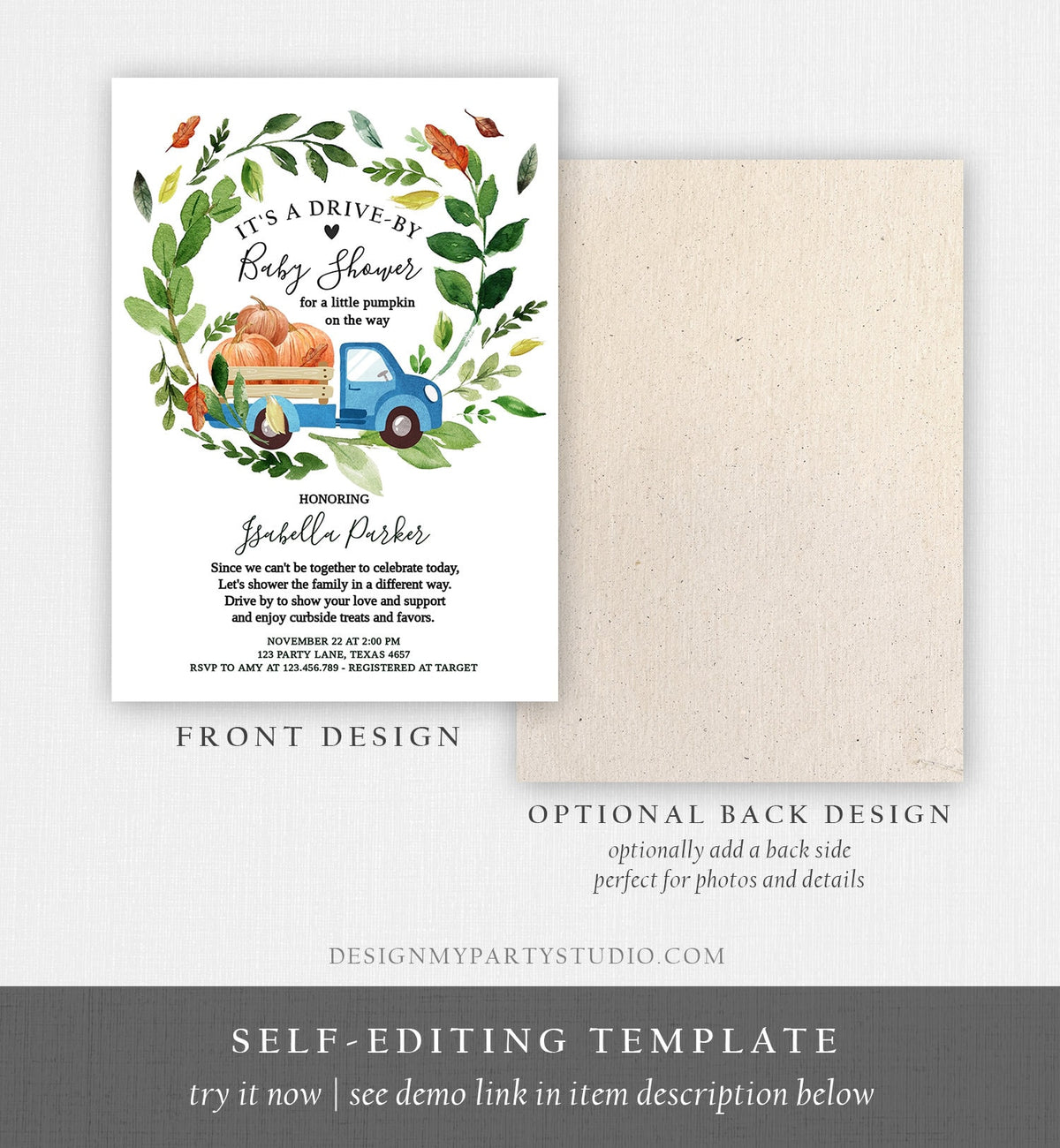 Editable Fall Drive By Baby Shower Invitation Blue Pumpkin Truck Boy Coed Shower Quarantine Drive Through Fall Autumn Template Corjl 0154