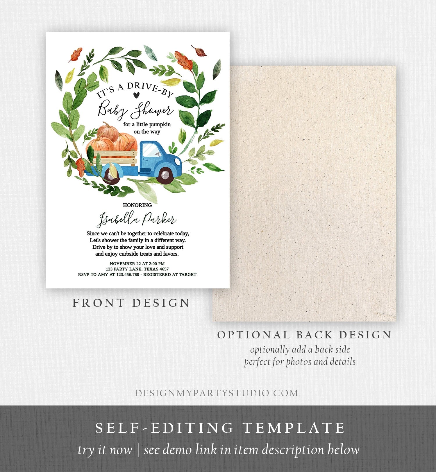 Editable Fall Drive By Baby Shower Invitation Blue Pumpkin Truck Boy Coed Shower Quarantine Drive Through Fall Autumn Template Corjl 0154