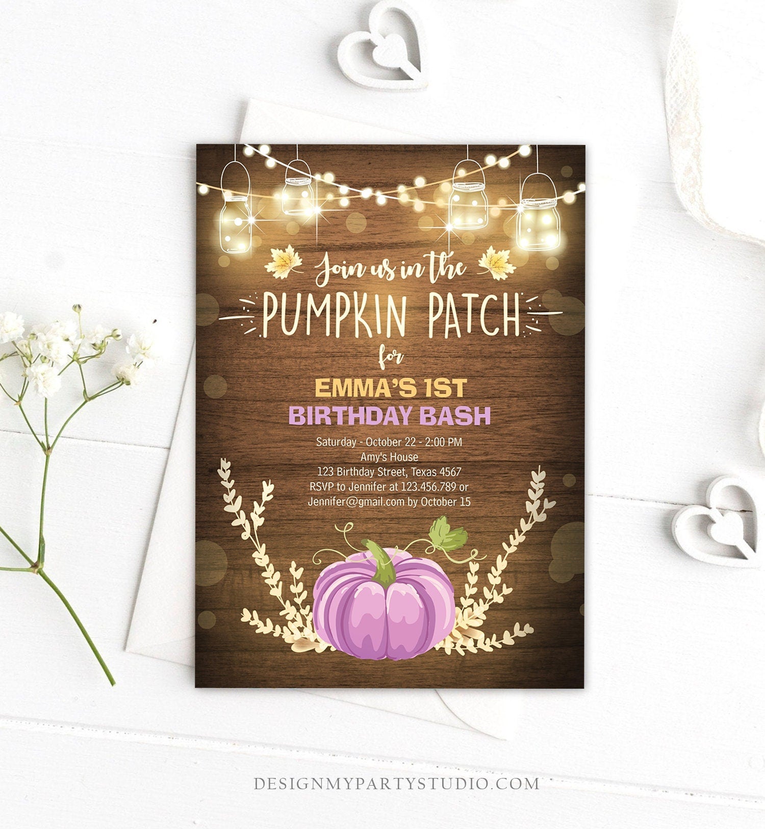 Editable Little Pumpkin Birthday Invitation Purple Pumpkin Patch Autumn Fall Rustic Girl 1st First Birthday Corjl Invitation Printable 0015