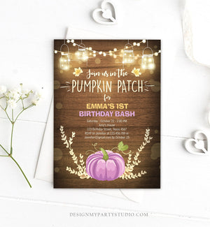 Editable Little Pumpkin Birthday Invitation Purple Pumpkin Patch Autumn Fall Rustic Girl 1st First Birthday Corjl Invitation Printable 0015