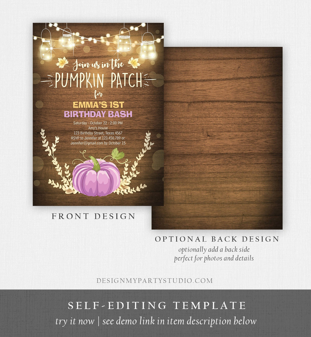 Editable Little Pumpkin Birthday Invitation Purple Pumpkin Patch Autumn Fall Rustic Girl 1st First Birthday Corjl Invitation Printable 0015