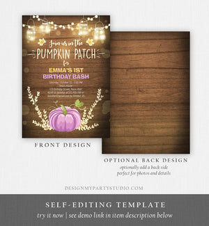 Editable Little Pumpkin Birthday Invitation Purple Pumpkin Patch Autumn Fall Rustic Girl 1st First Birthday Corjl Invitation Printable 0015