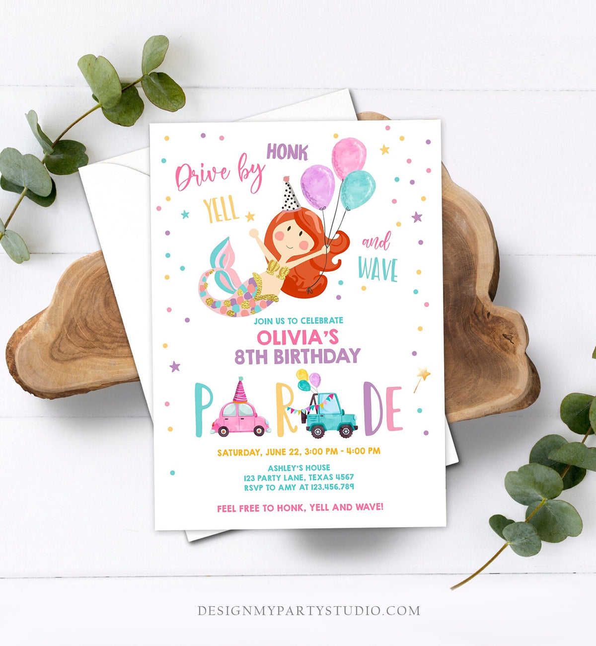 Editable Mermaid Drive By Birthday Parade Invitation Virtual Party Invite Honk Wave Car Girl Pink Quarantine Download Digital Corjl 0338