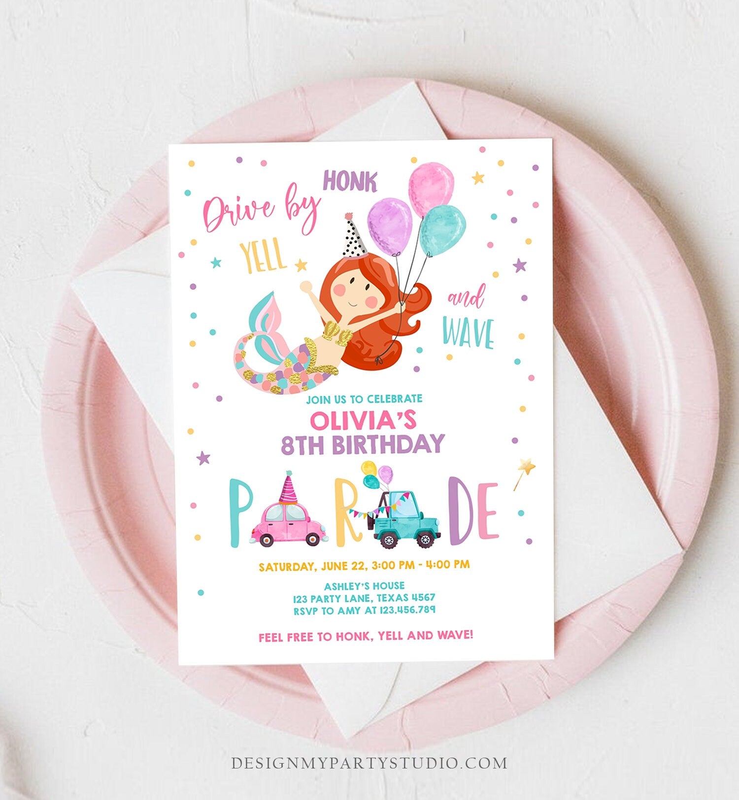 Editable Mermaid Drive By Birthday Parade Invitation Virtual Party Invite Honk Wave Car Girl Pink Quarantine Download Digital Corjl 0338