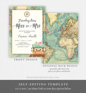 Editable Bridal Shower Invitation Traveling from Miss to Mrs Travel World Map Suitcase Vintage Floral Download Printable Template Corjl 0044