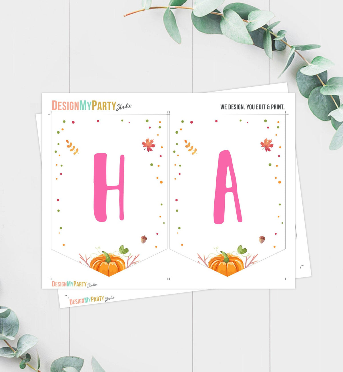 Happy Birthday Banner Girl Pink Pumpkin Truck Birthday Banner Fall Autumn Pumpkin Birthday Leaves Instant download PRINTABLE DIGITAL 0153