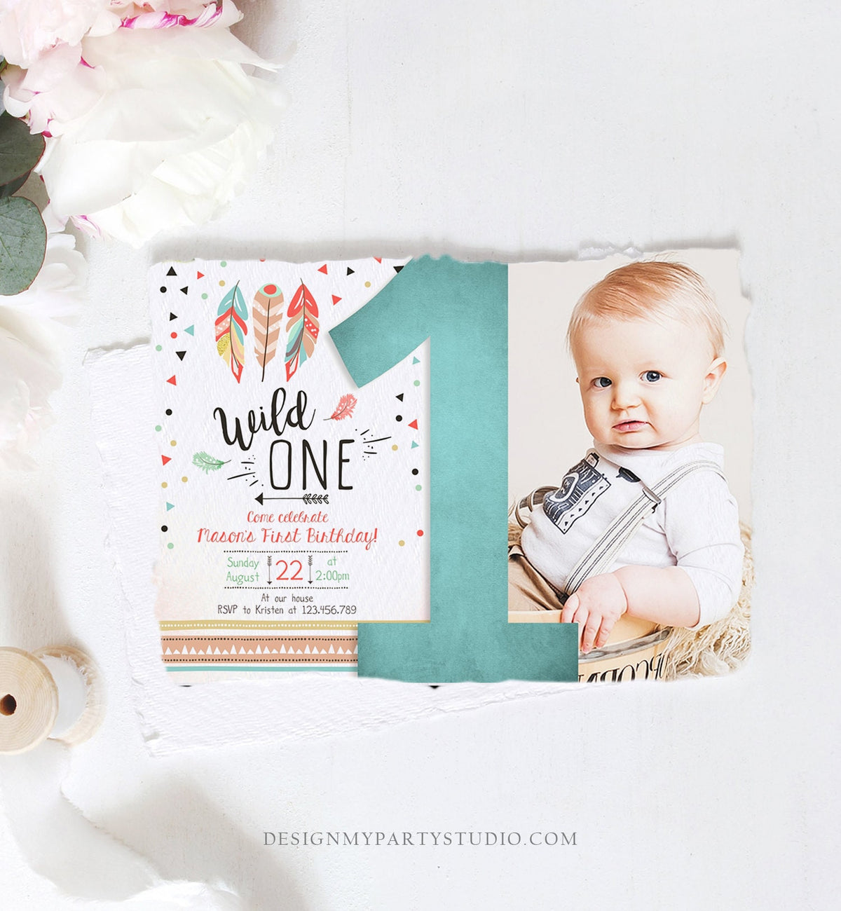 Editable Birthday Invitation Wild One Boy Invite Tribal Boho Arrow Feathers Red Blue Mint Download Printable Template Digital Corjl 0073