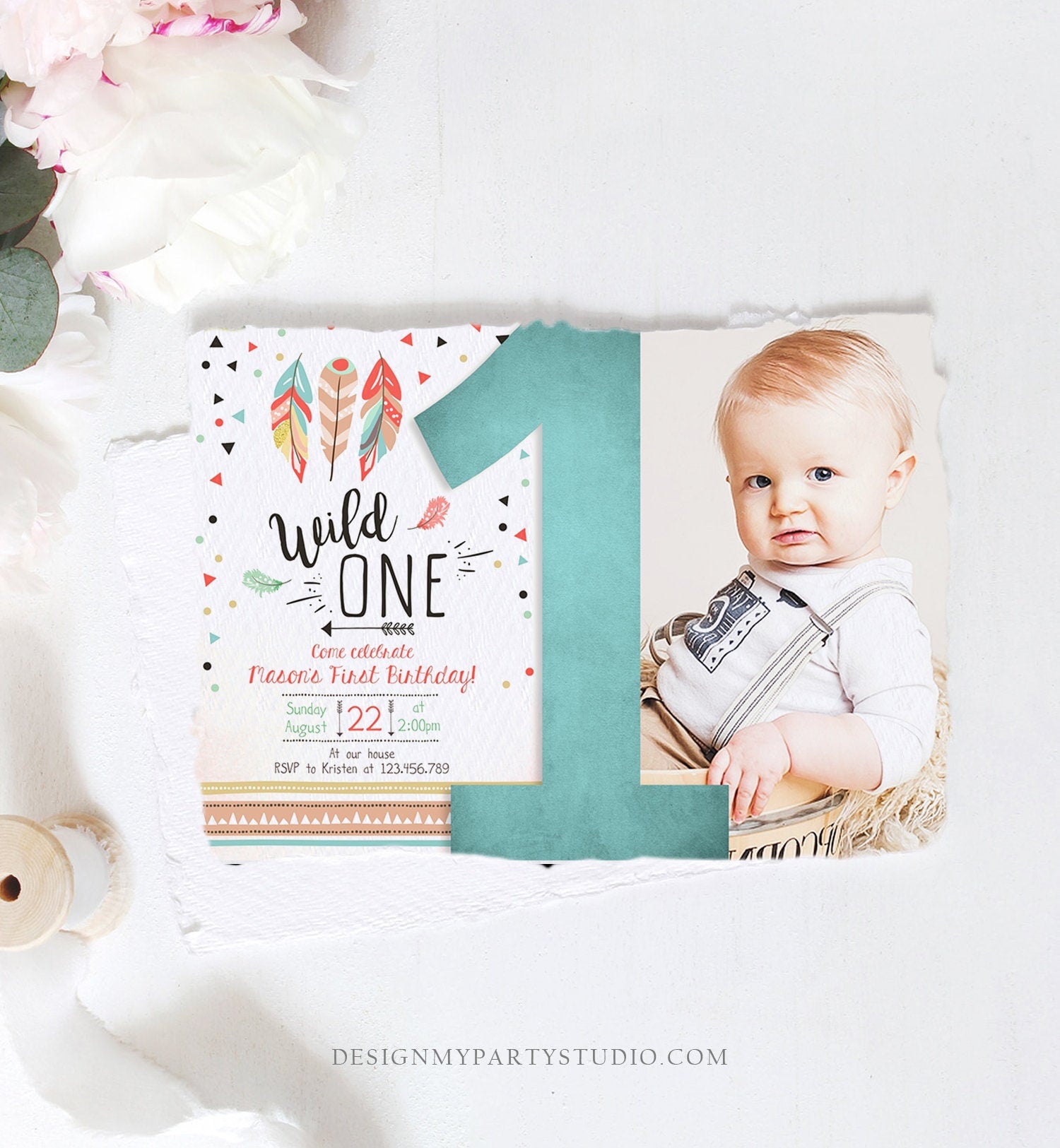 Editable Birthday Invitation Wild One Boy Invite Tribal Boho Arrow Feathers Red Blue Mint Download Printable Template Digital Corjl 0073