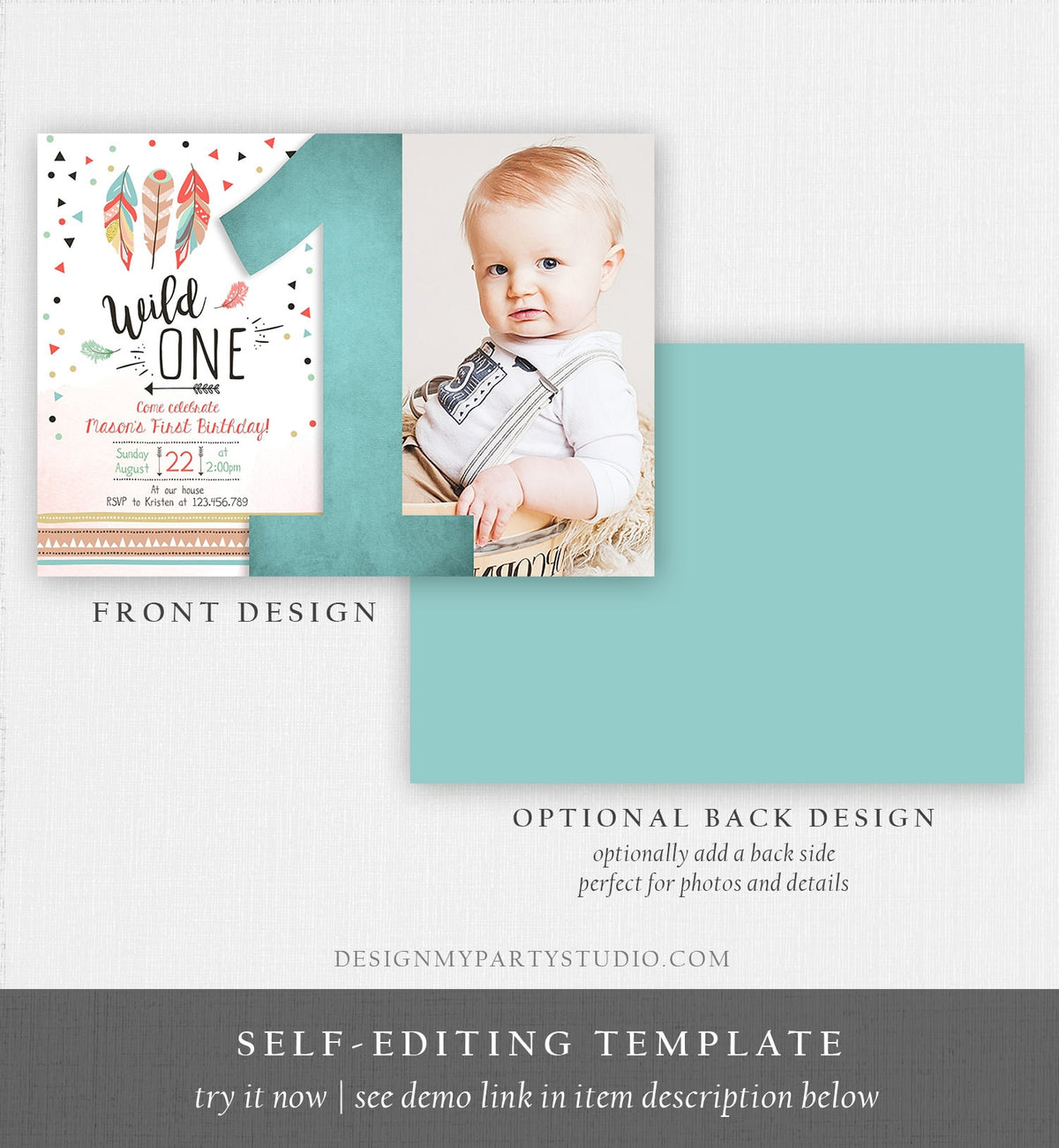 Editable Birthday Invitation Wild One Boy Invite Tribal Boho Arrow Feathers Red Blue Mint Download Printable Template Digital Corjl 0073