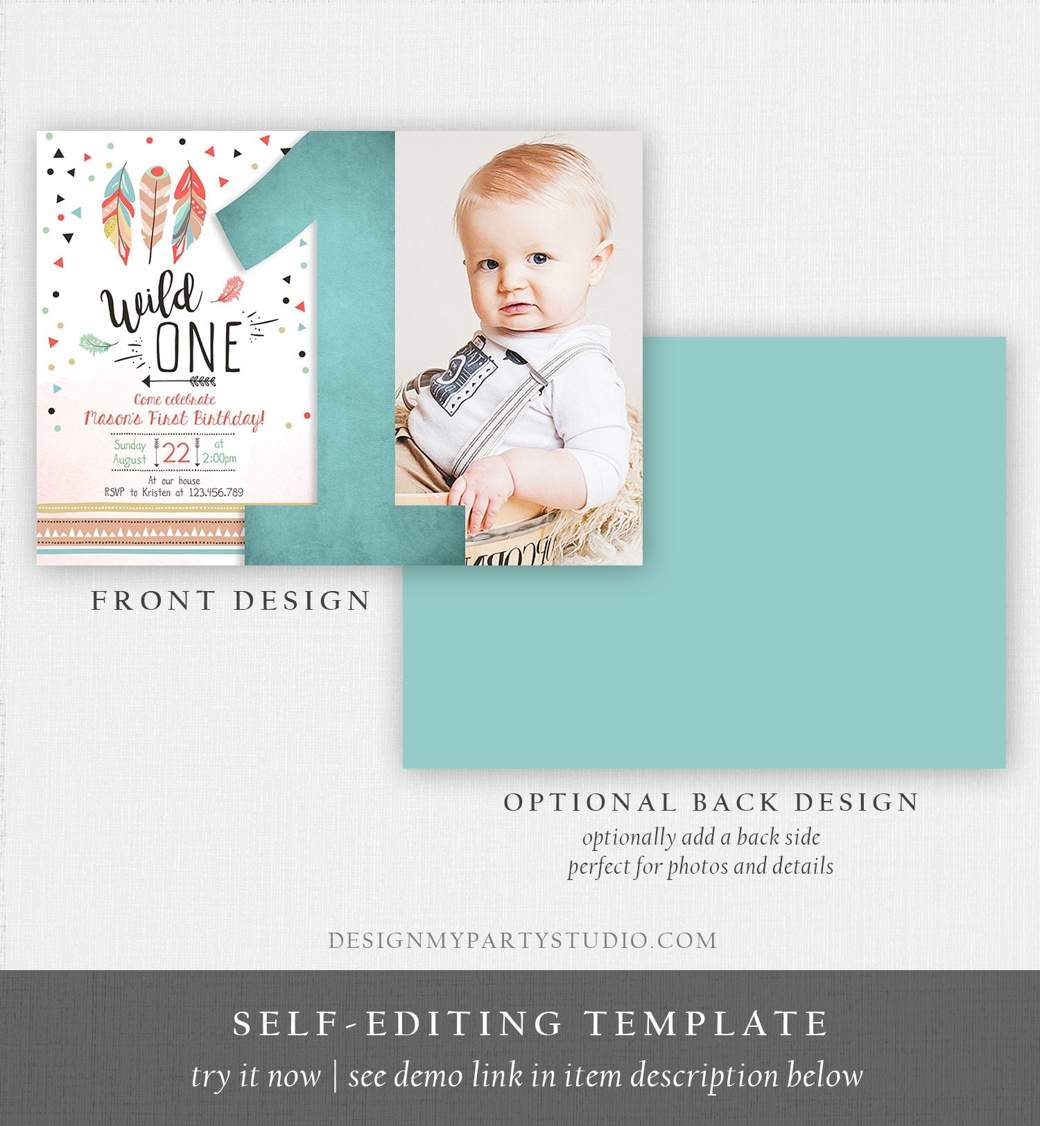 Editable Birthday Invitation Wild One Boy Invite Tribal Boho Arrow Feathers Red Blue Mint Download Printable Template Digital Corjl 0073