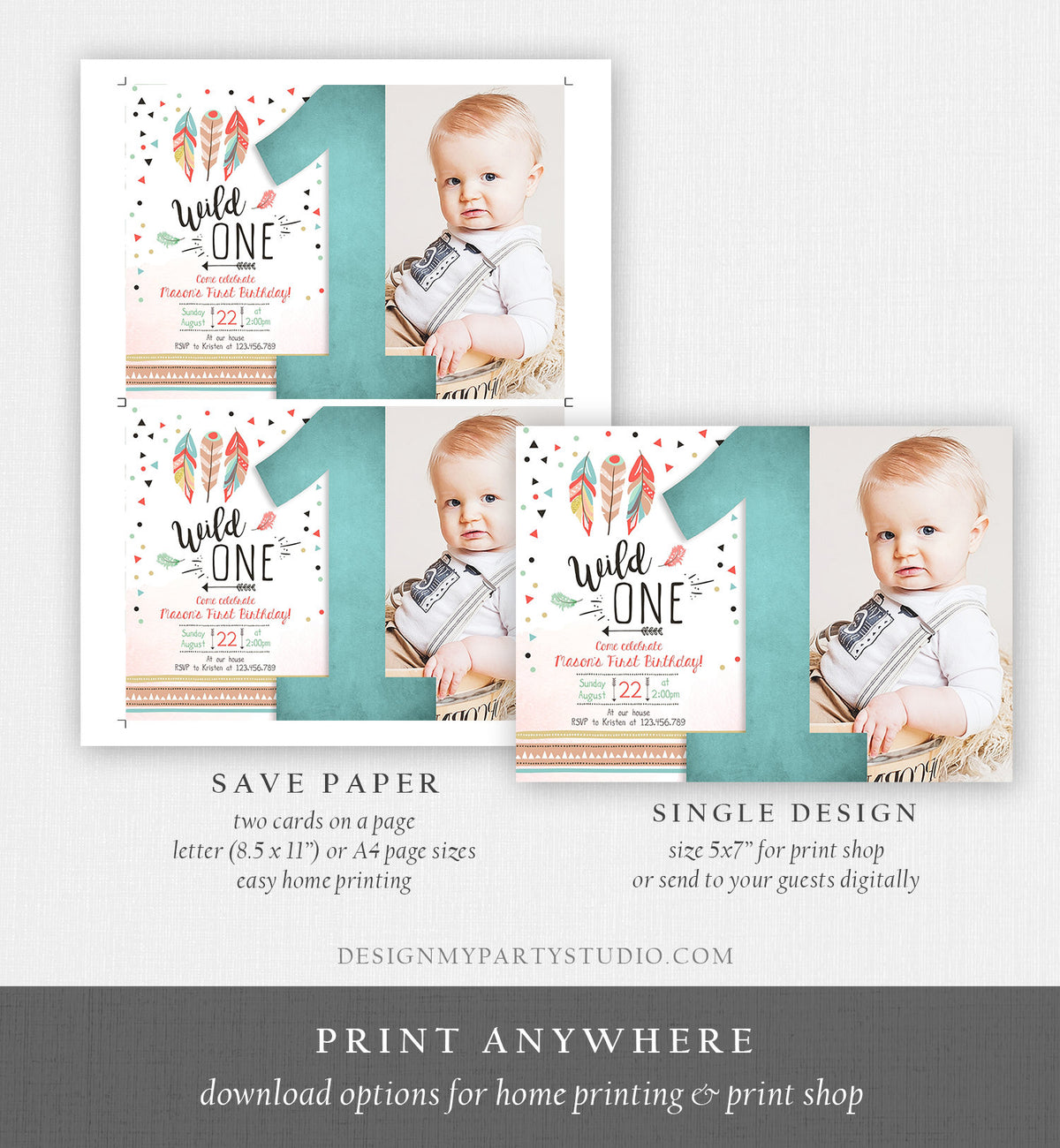 Editable Birthday Invitation Wild One Boy Invite Tribal Boho Arrow Feathers Red Blue Mint Download Printable Template Digital Corjl 0073