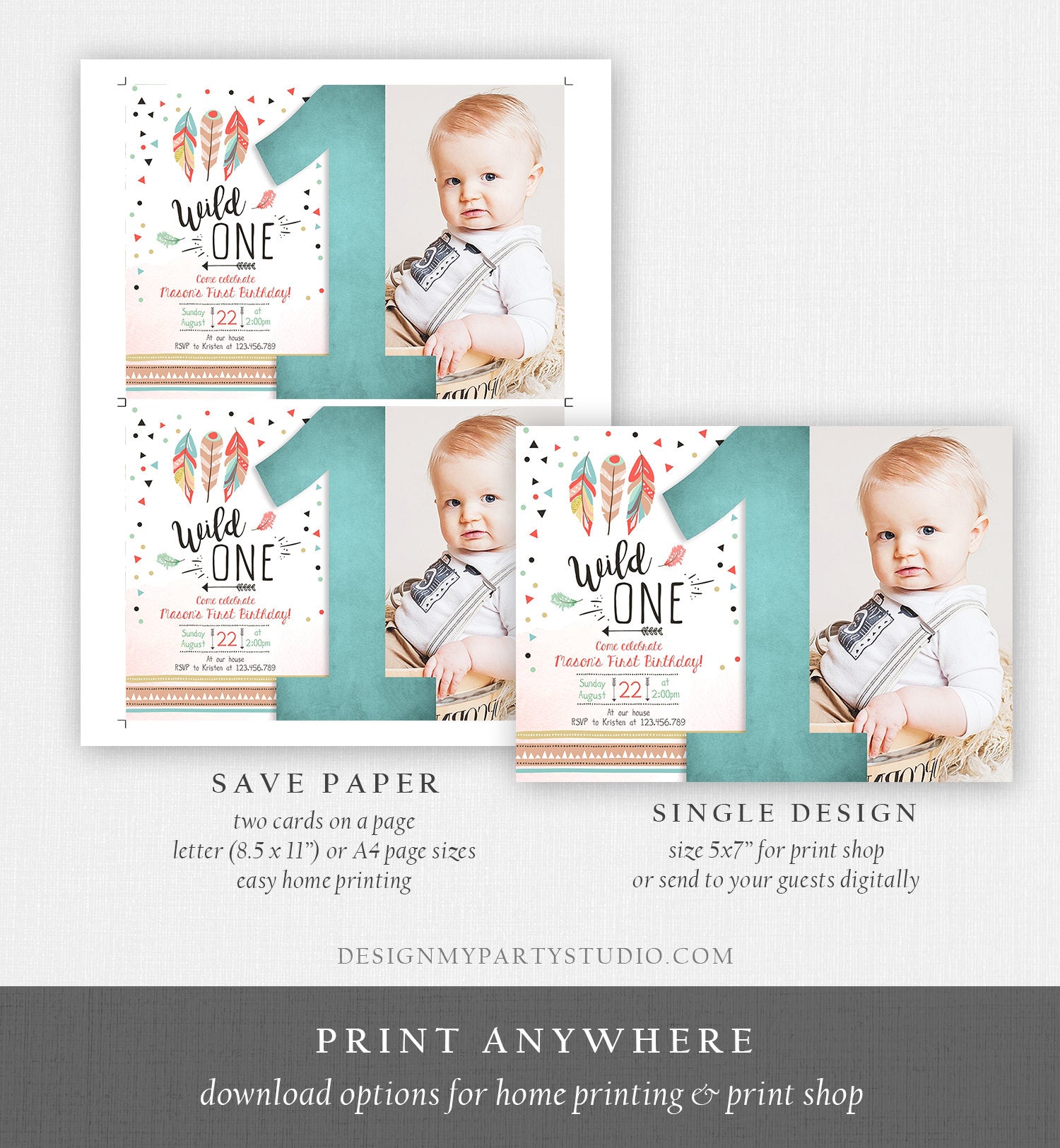 Editable Birthday Invitation Wild One Boy Invite Tribal Boho Arrow Feathers Red Blue Mint Download Printable Template Digital Corjl 0073
