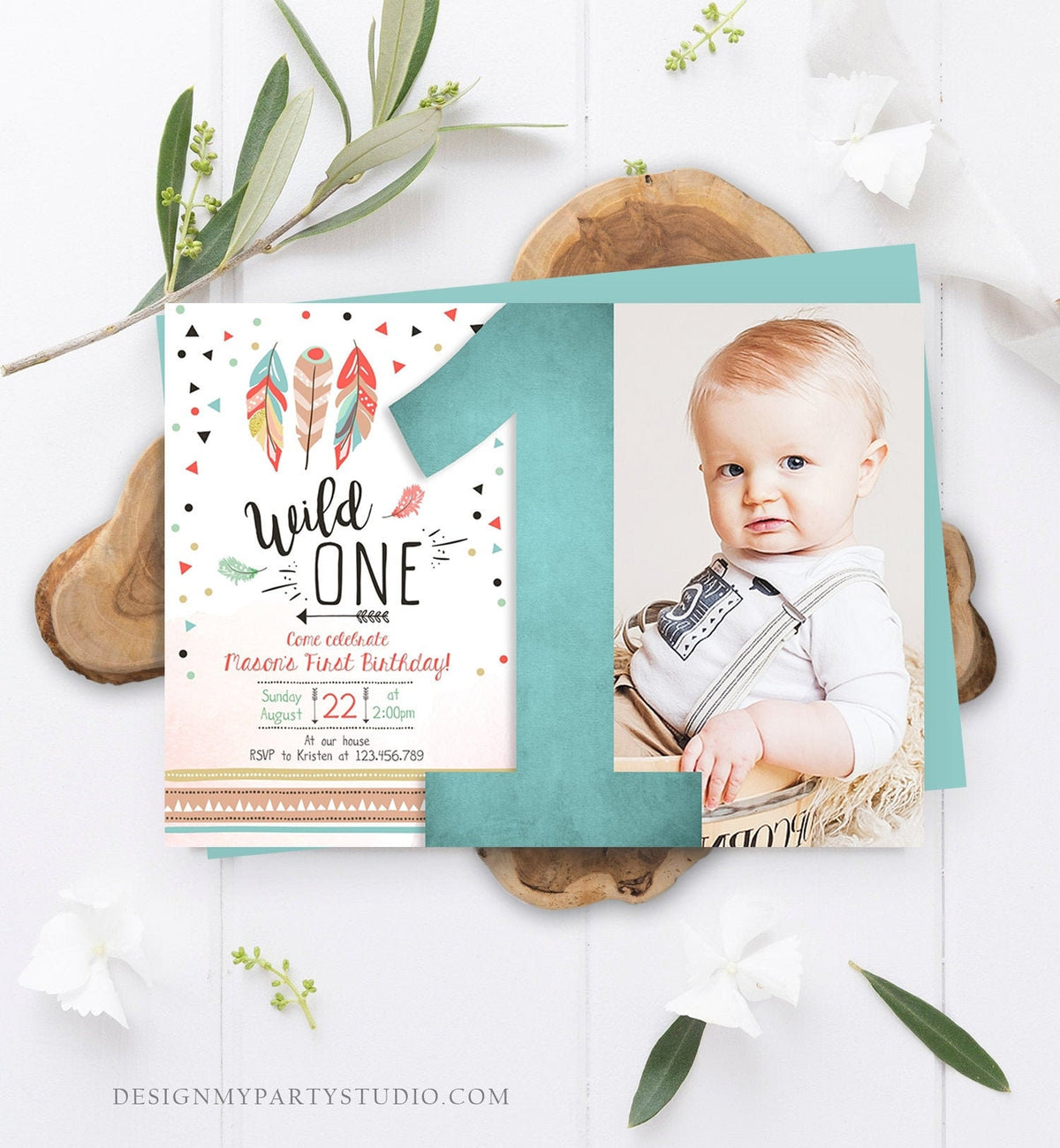 Editable Birthday Invitation Wild One Boy Invite Tribal Boho Arrow Feathers Red Blue Mint Download Printable Template Digital Corjl 0073