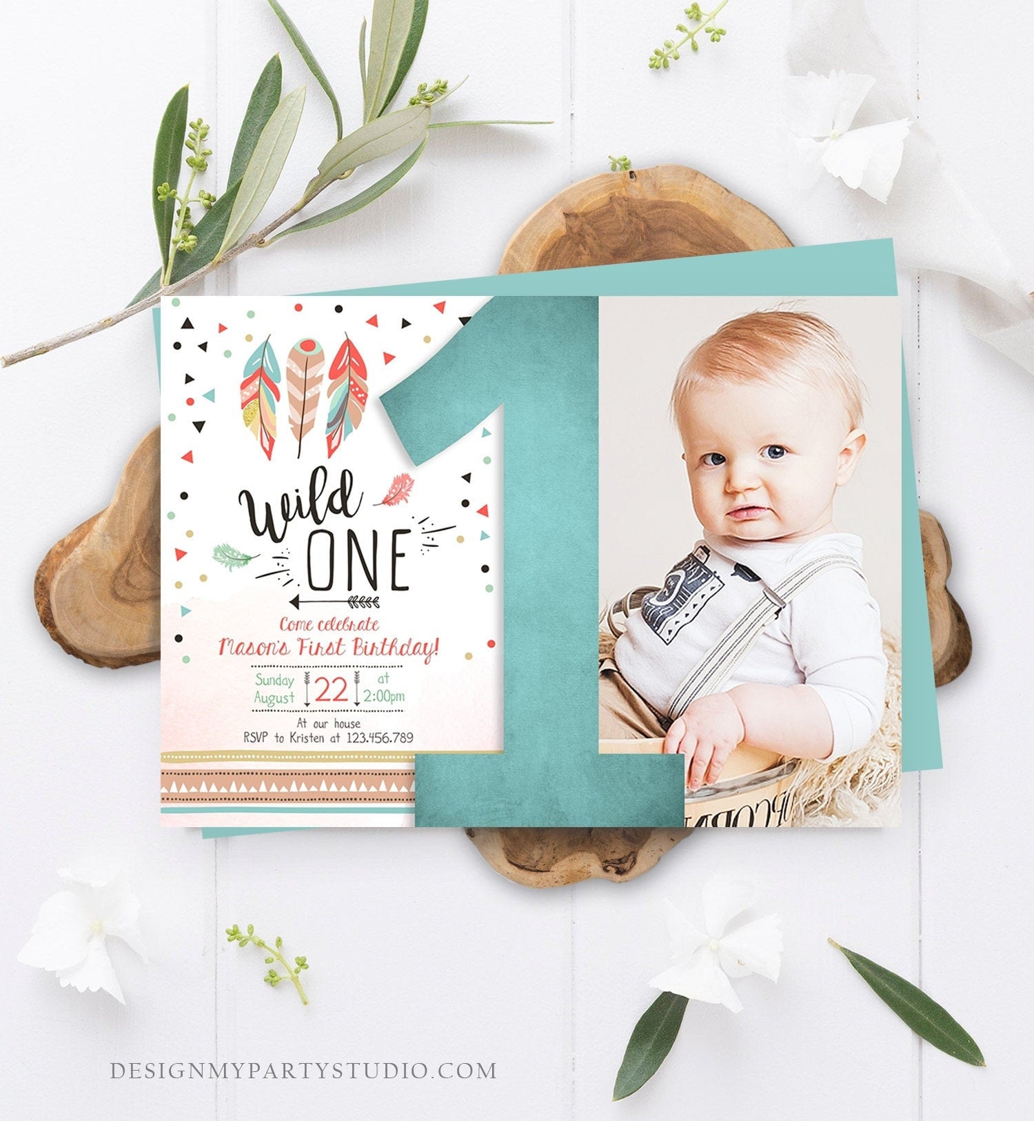 Editable Birthday Invitation Wild One Boy Invite Tribal Boho Arrow Feathers Red Blue Mint Download Printable Template Digital Corjl 0073